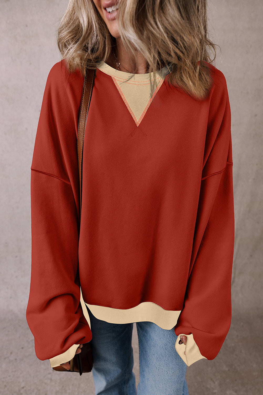 Red Clay Colour Block Patch Drop Shoulder Oversized Sweatshirt eAura