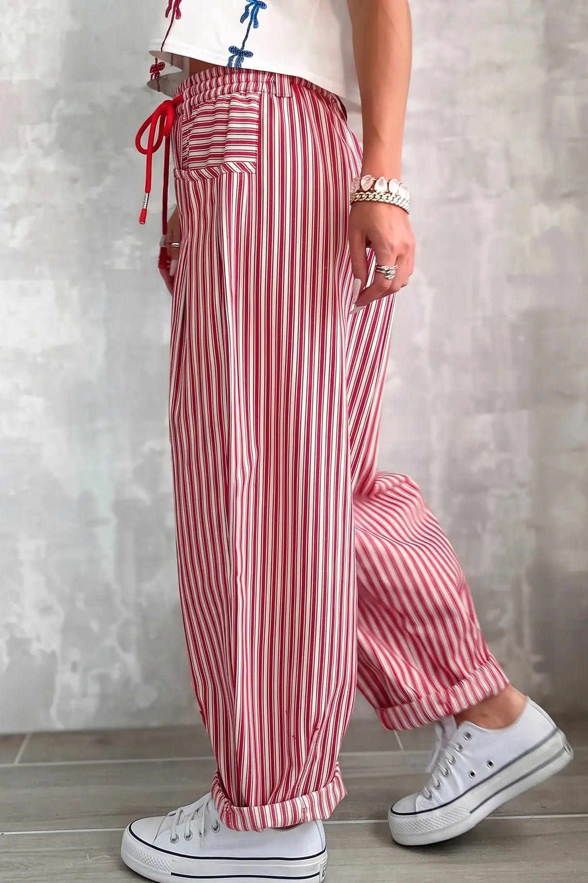 Drawstring Casual Loose Pants – Red Stripe