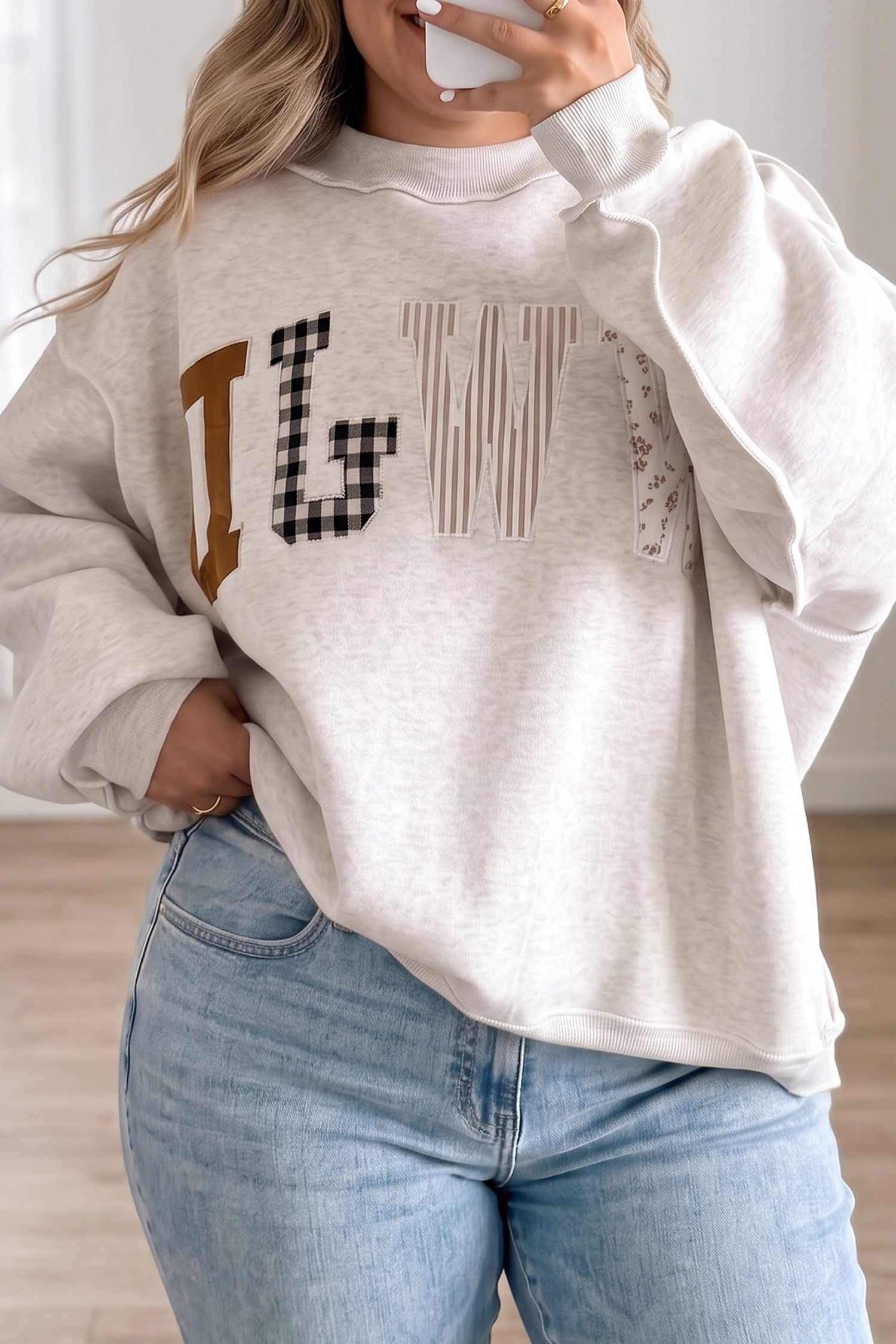 WWJD Mix Pattern Letter Graphic Exposed Seam Loose Plus Size Sweatshirt – Gray