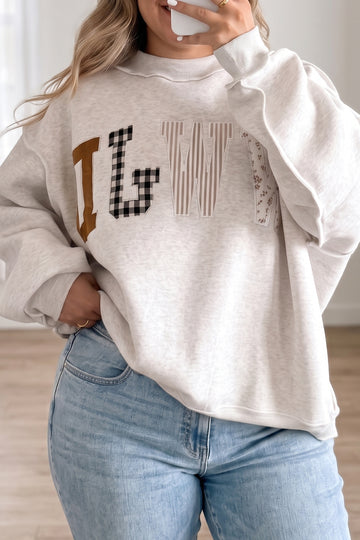 WWJD Mix Pattern Letter Graphic Exposed Seam Loose Plus Size Sweatshirt – Gray