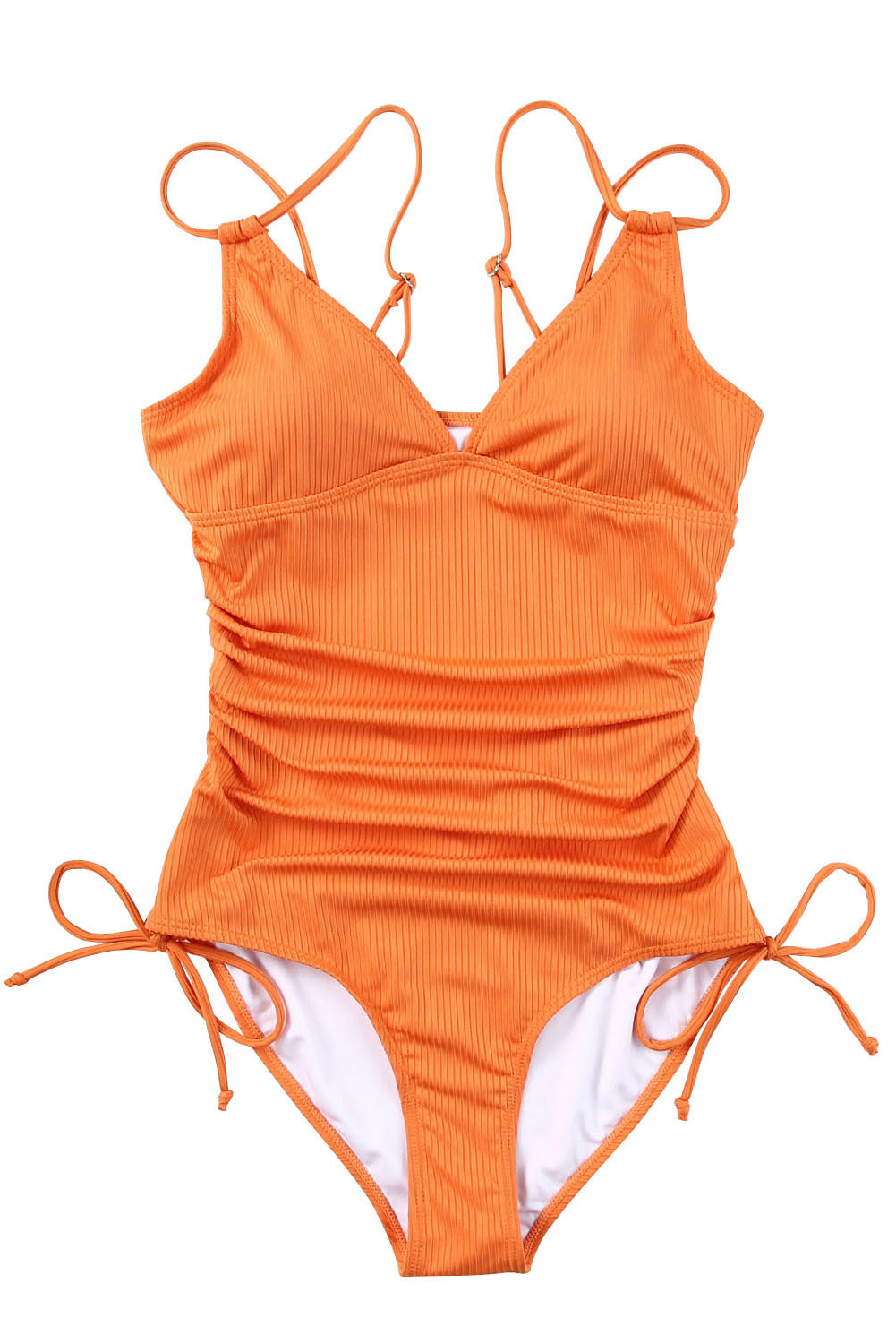 Orange Adjustable Straps Ribbed Knit One Piece Swimsuit eAura