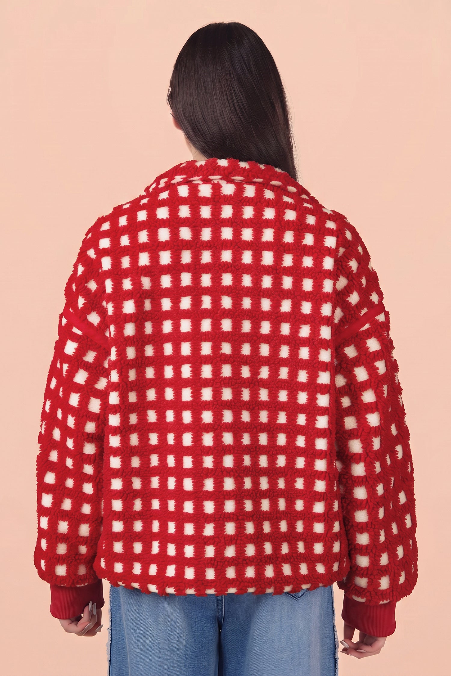 Plaid Zip-up Long Sleeve Jacket – Fiery Red