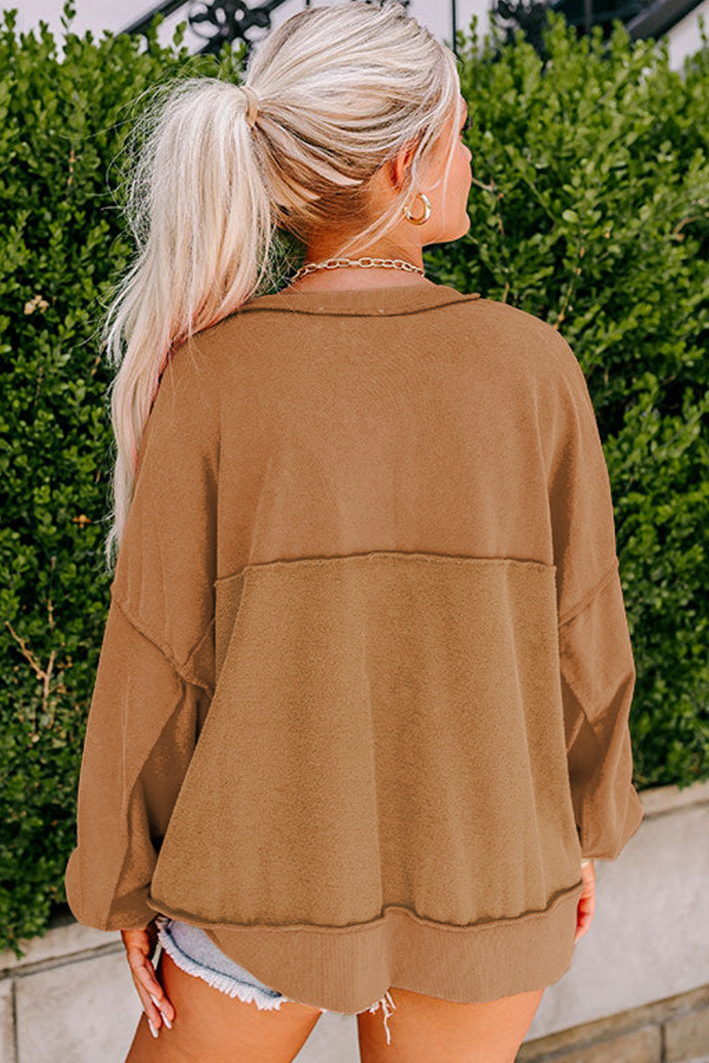 Drop Shoulder Henley Buttons Sweatshirt eAura