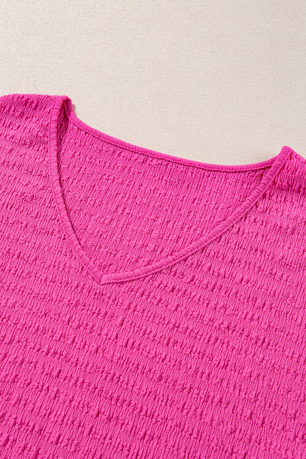Bright Pink Plus Size Textured Folded Sleeve V Neck T Shirt BB Fashion Outlet