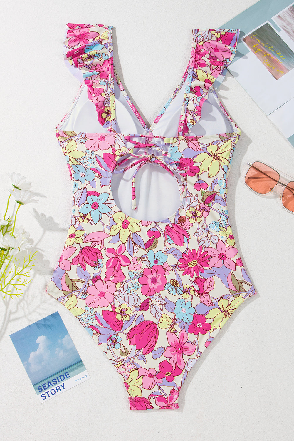 Pink Floral Ruffle Trim V Neck Lace-up Back Tummy Control One Piece Swimsuit eAura