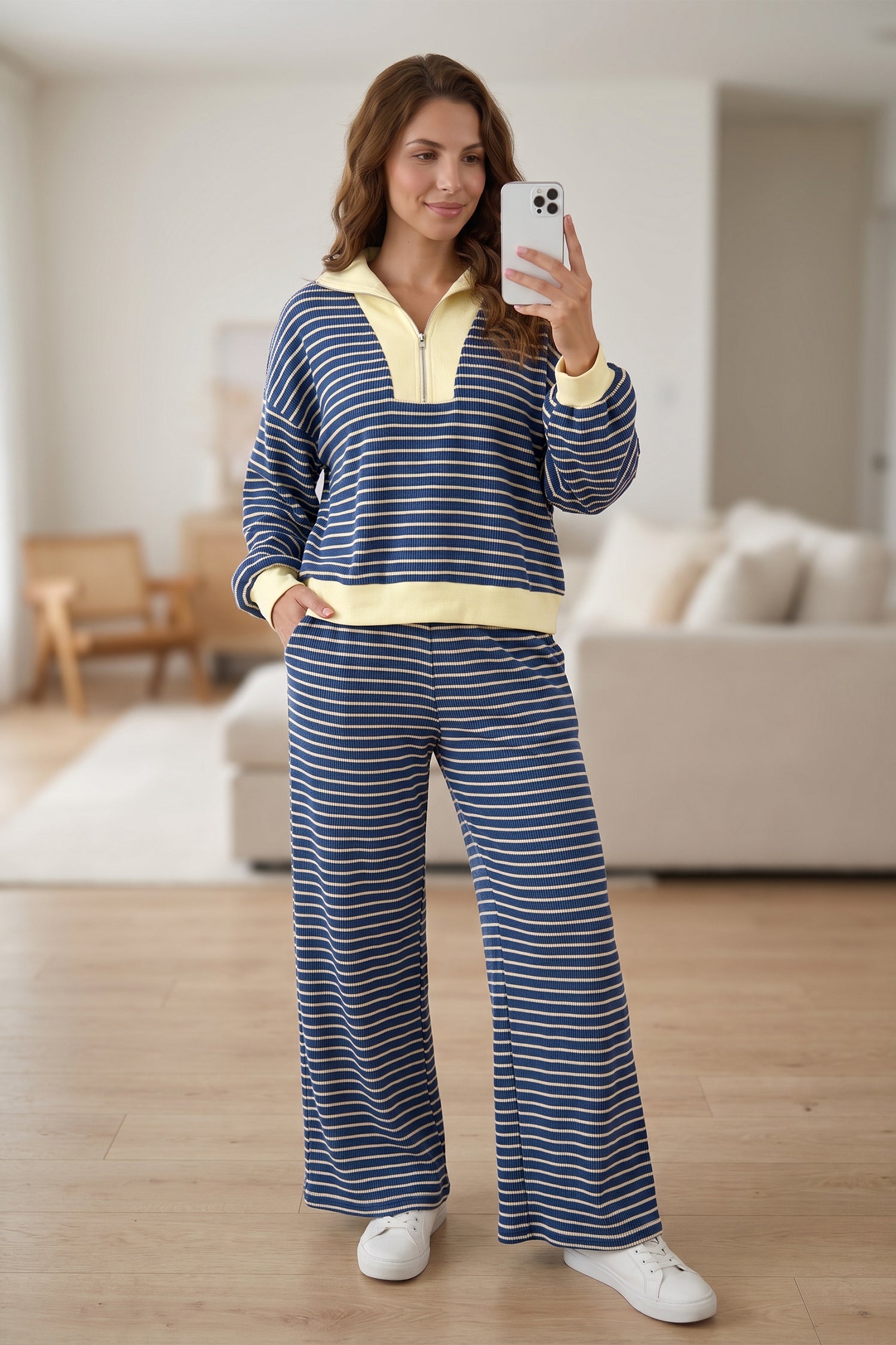Color Block Patchwork Zip V Neck Pullover Loose Pants 2pcs Set – Blue Stripe