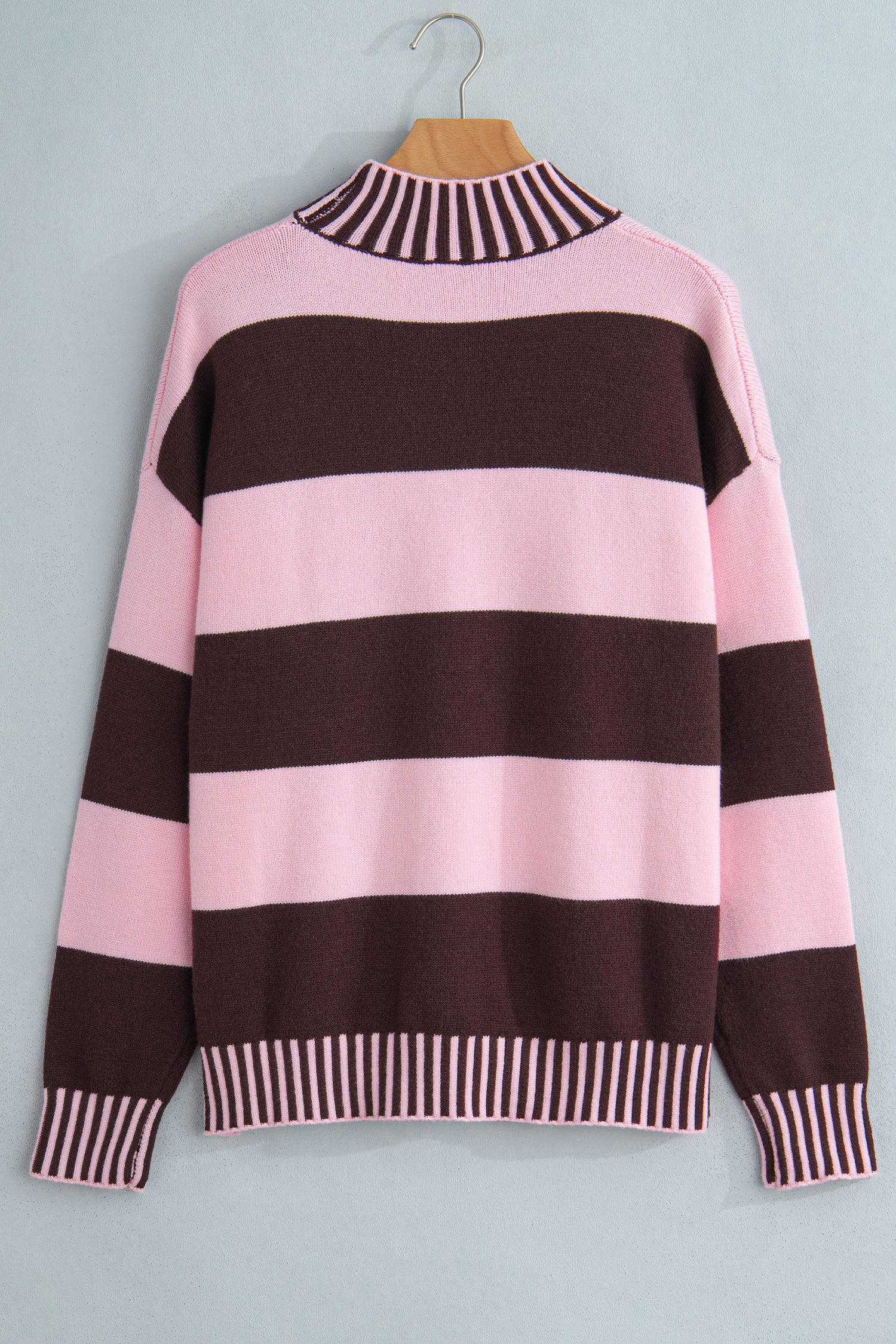 Contrast High Neck Dropped Shoulder Relaxed Pullover Sweater – Pink Stripe