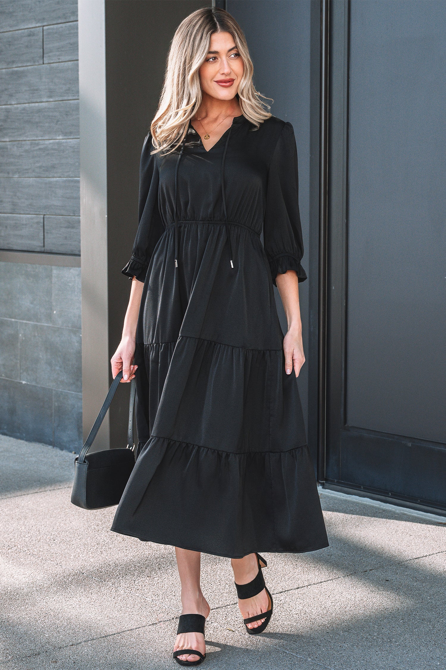 Bracelet Sleeve V-Neck Tiered Maxi Dress