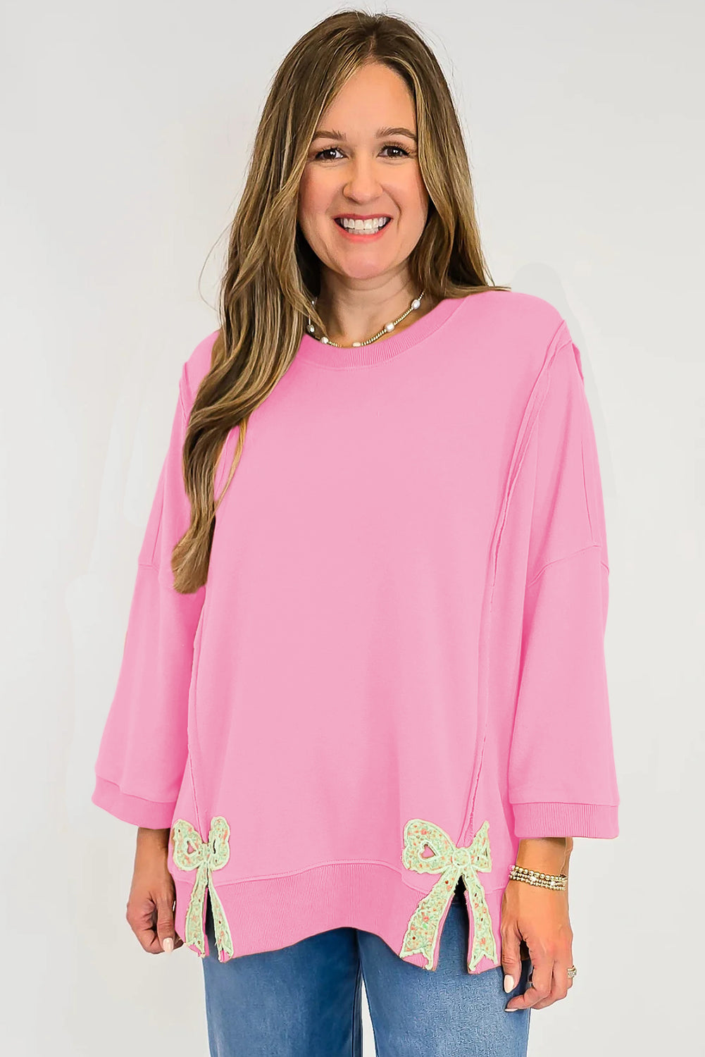 Floral Bow Patched Exposed Seam Oversized Sweatshirt - Tops/Sweatshirts & Hoodies