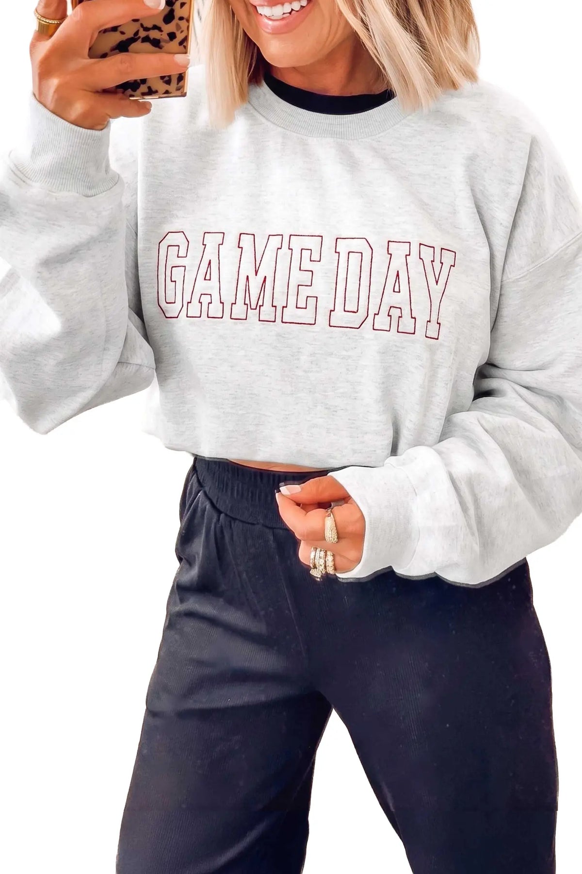 Game Day Letter Embroidery Long Sleeve Round Neck Sweatshirt – Light Grey