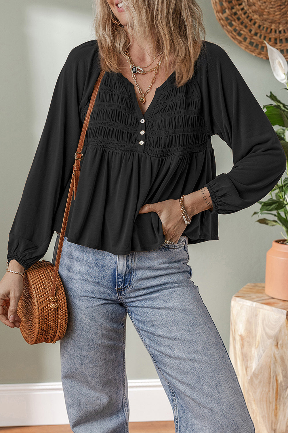Smocked Bust Buttoned Split V Neck Flow Fit Blouse - eAura