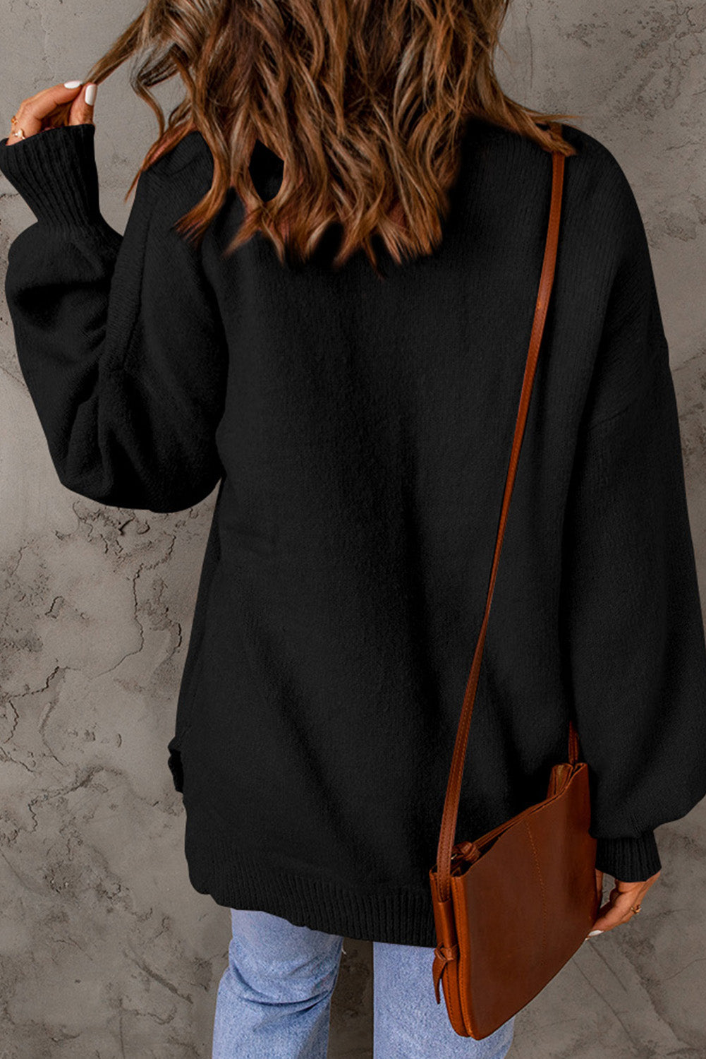 Black Solid Colour Puffy Sleeve Pocketed Sweater eAura
