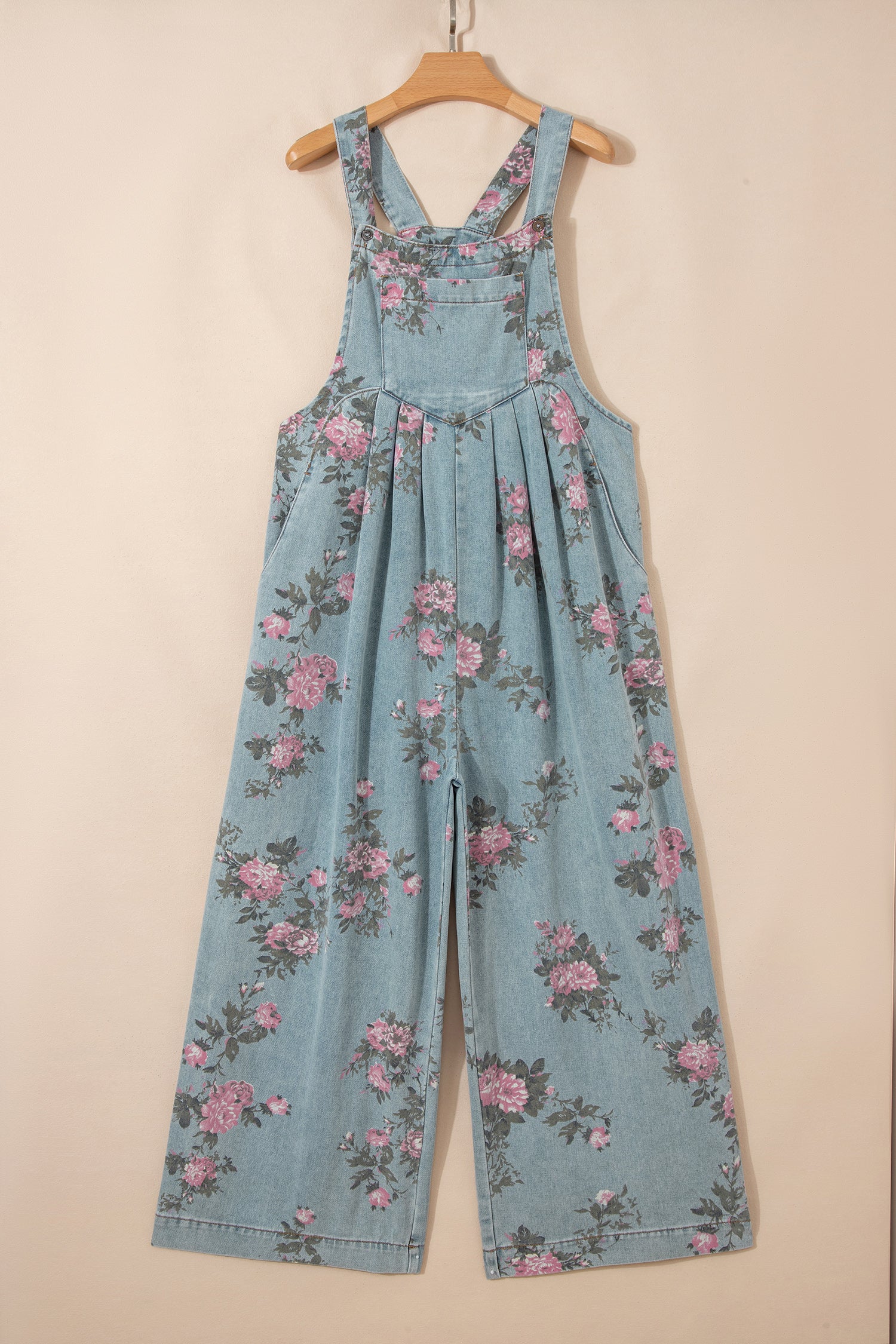 Floral Print Pleated Wide Leg Denim Jumpsuit – High Waist