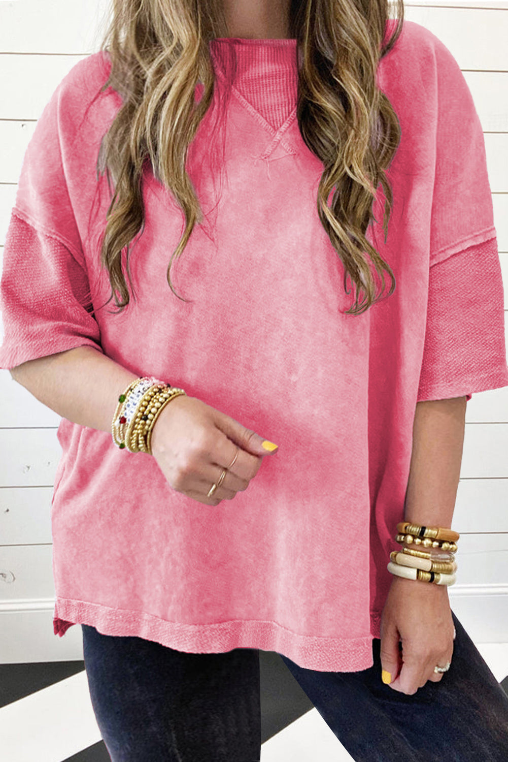 Strawberry Pink Mineral Wash Drop Sleeve Patchwork Plus Tee BB Fashion Outlet