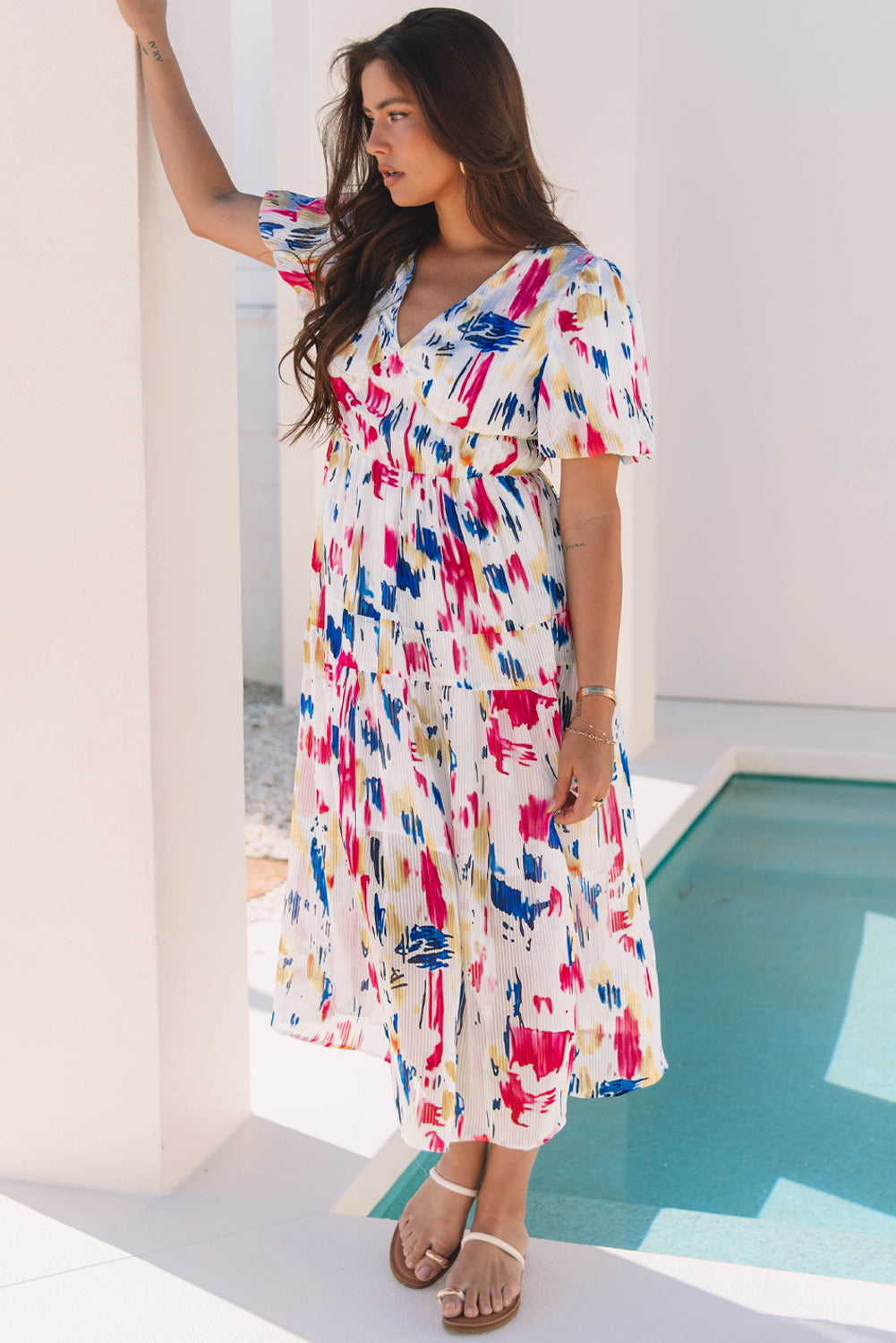 Rose Abstract Print Short Puff Sleeve Tiered Maxi Dress eAura