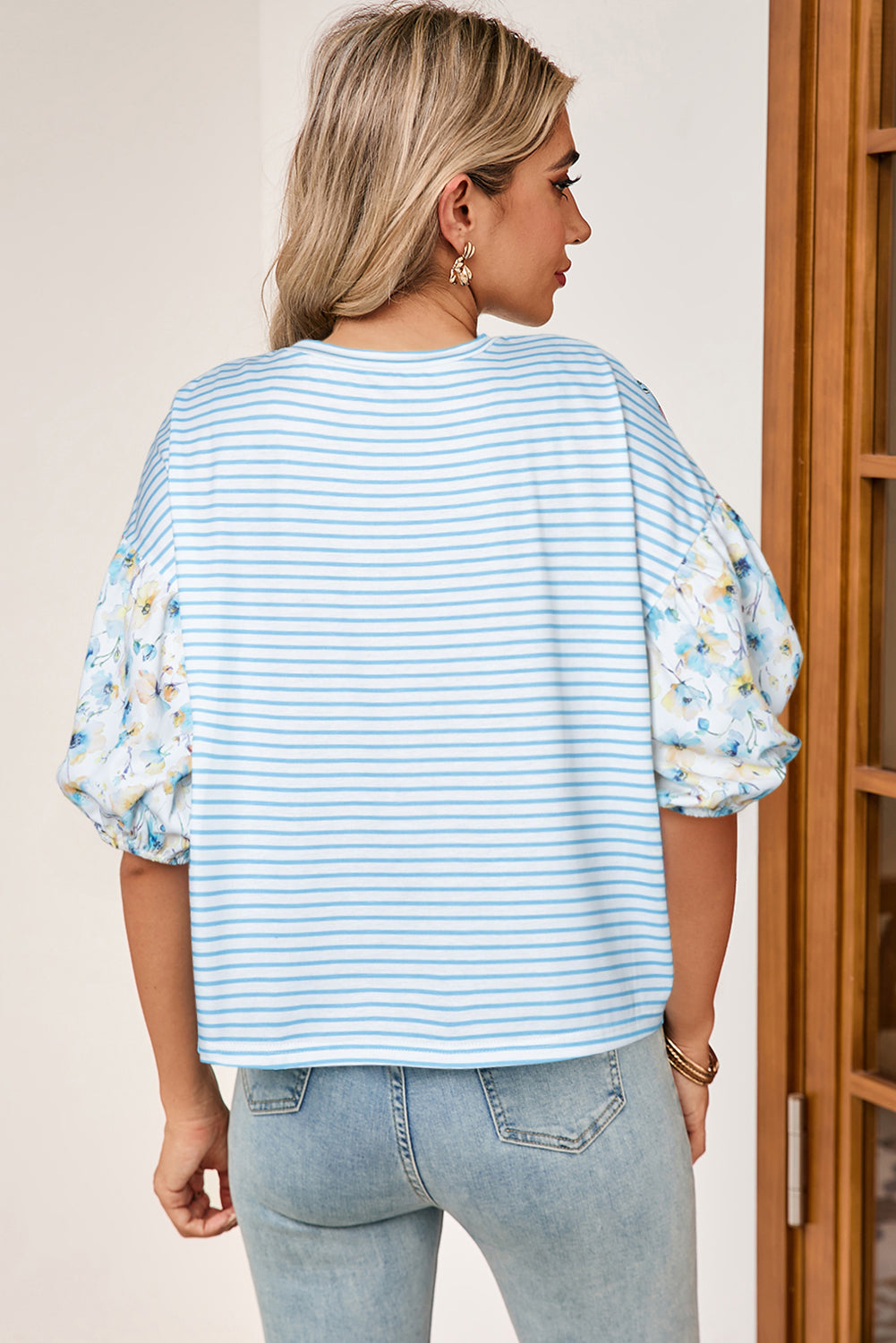 Sky Blue Stripe 3/4 Floral Puff Sleeve Patchwork Drop Shoulder Top eAura