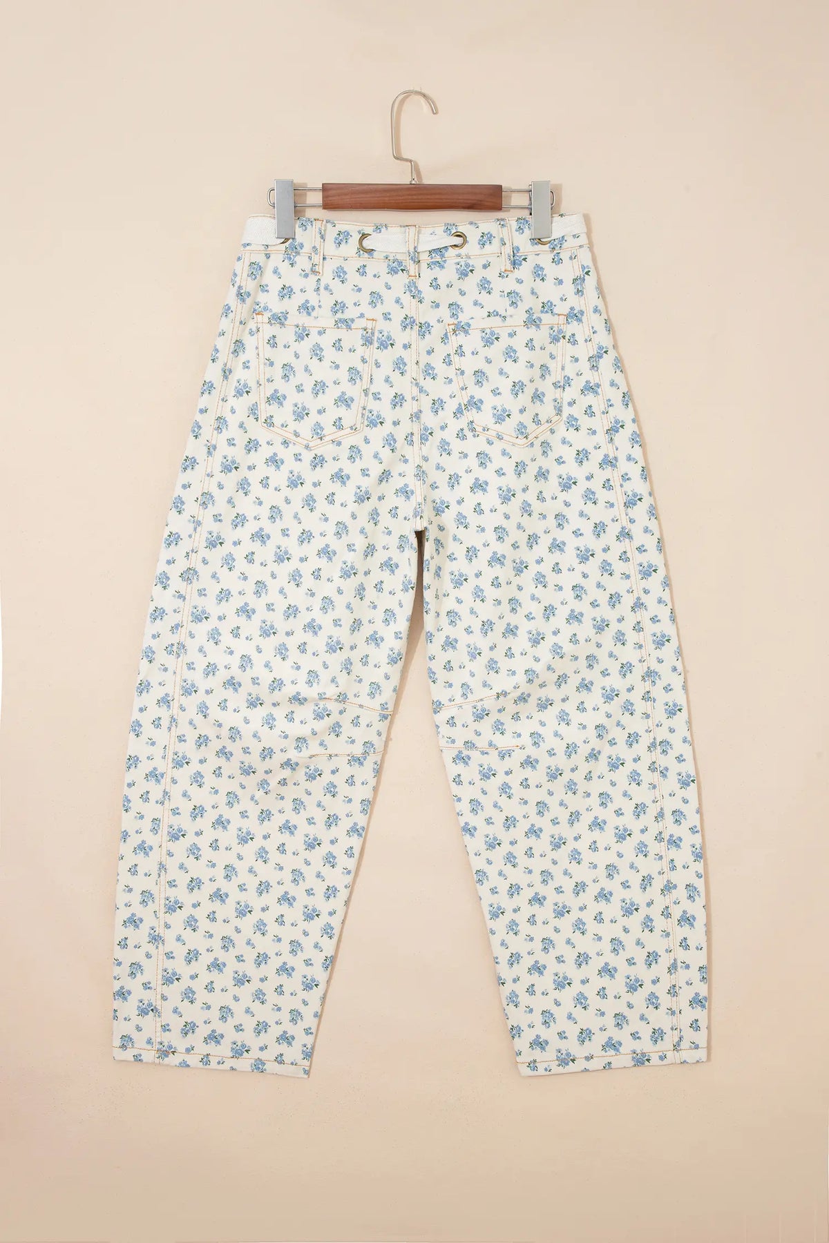 Grommet Knot Waist Floral Barrel Leg Jeans – Beige