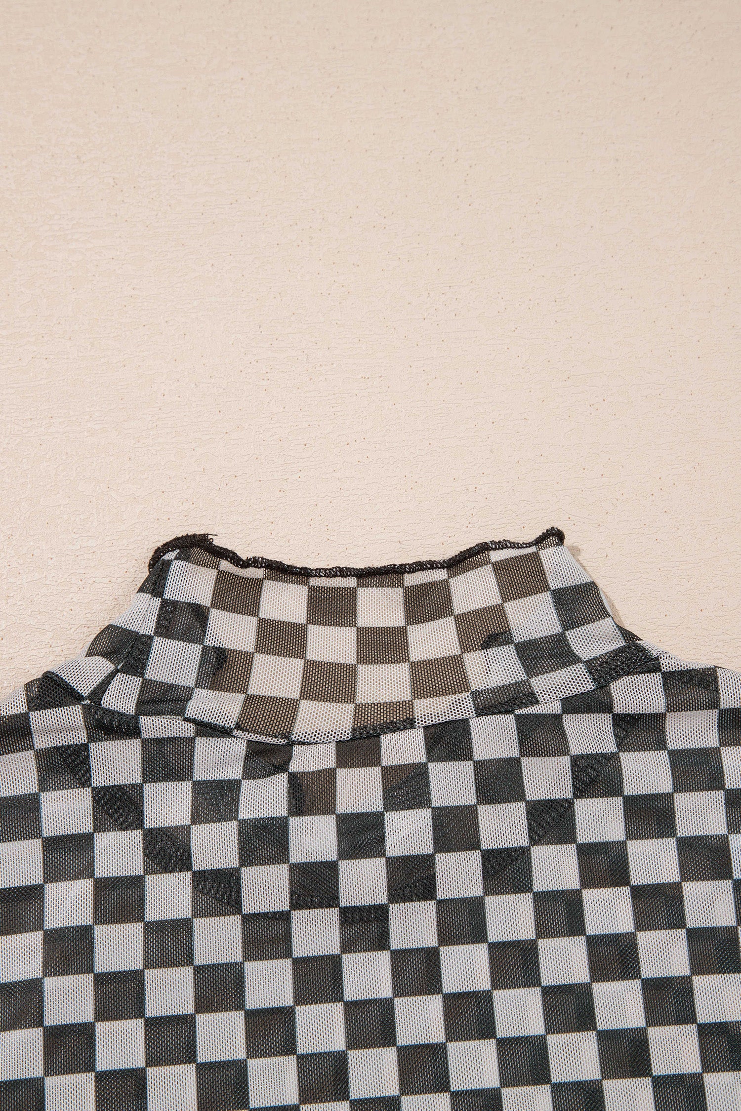 Plaid Stand Neck Long Sleeve Mesh Top – Black