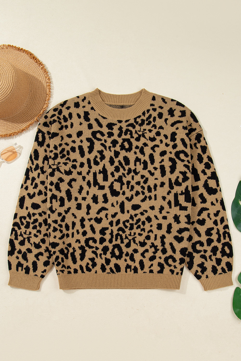 Beige Ribbed Trim Round Neck Leopard Drop Shoulder Sweater - eAura