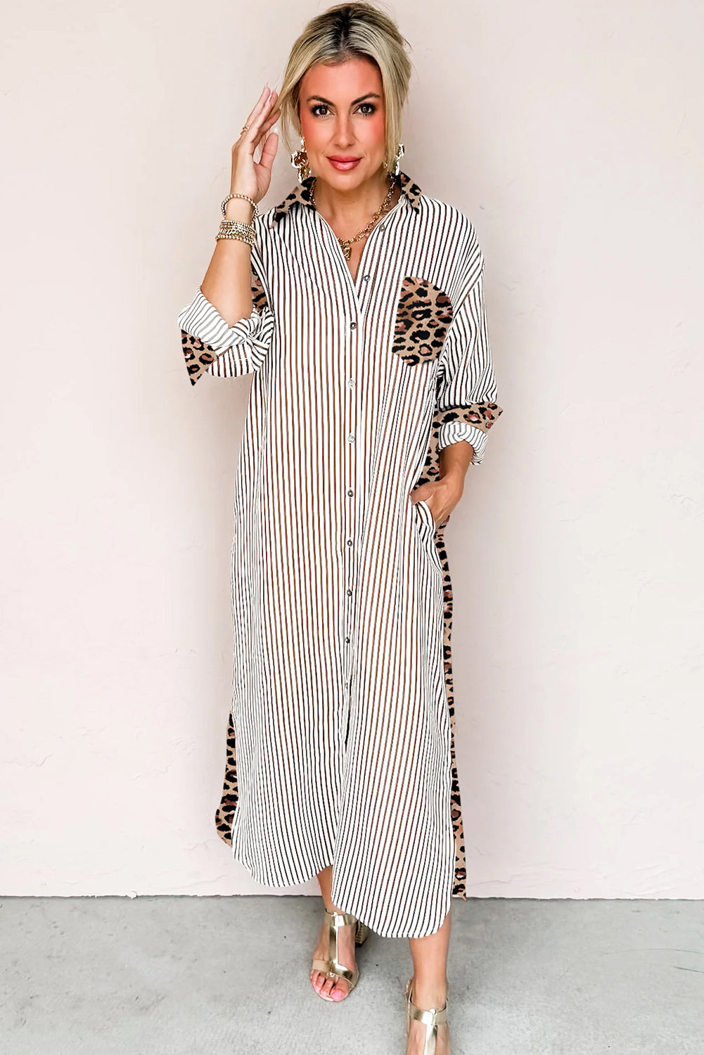 Stripe Contrast Leopard Patchwork Long Shirt Dress with Slits