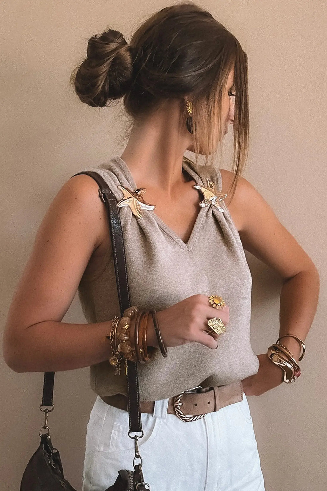 Taupe Metallic Star Detail V-Neck Sweater Knit Tank Top
