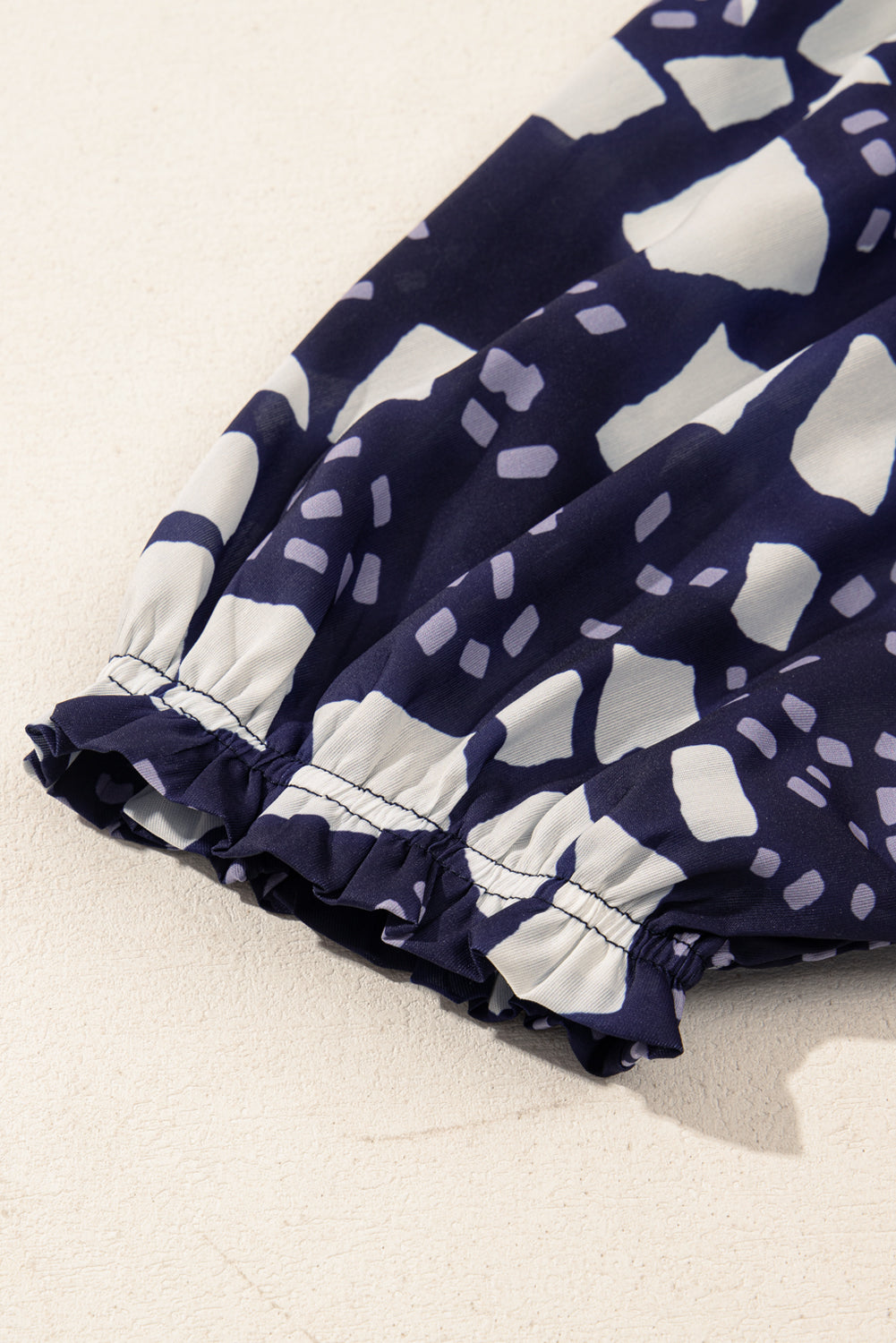 Blue Abstract Print Frilled Puff Sleeve V-Neck Blouse eAura