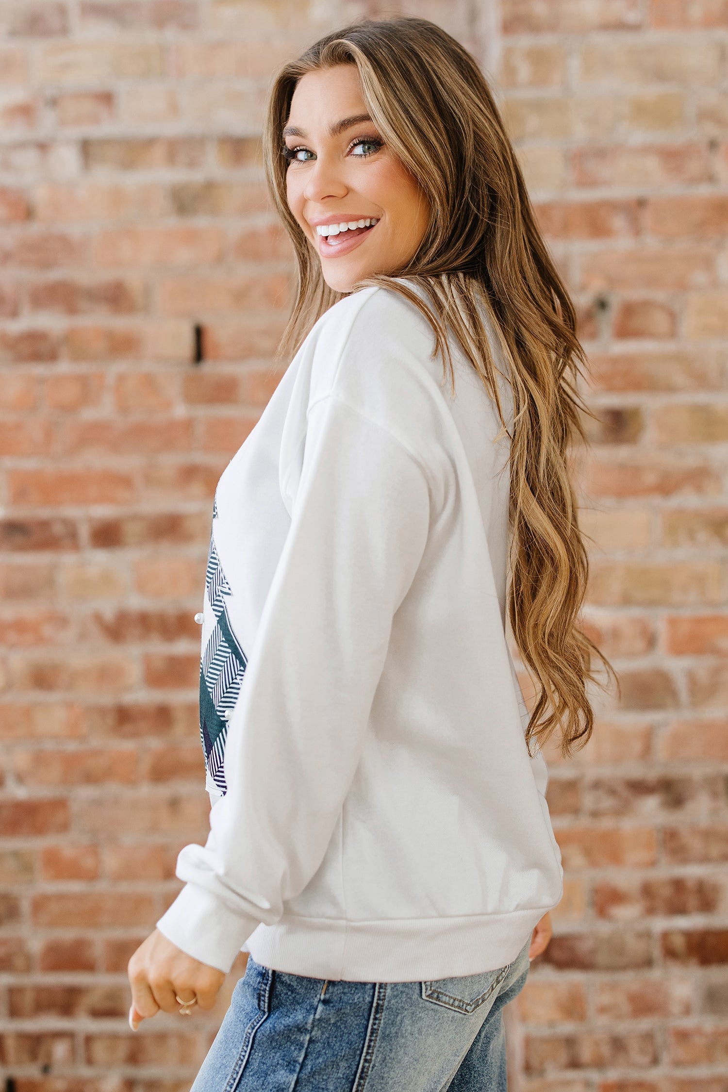 Pearl Plaid Christmas Tree Patched Drop Shoulder Sweatshirt - eAura