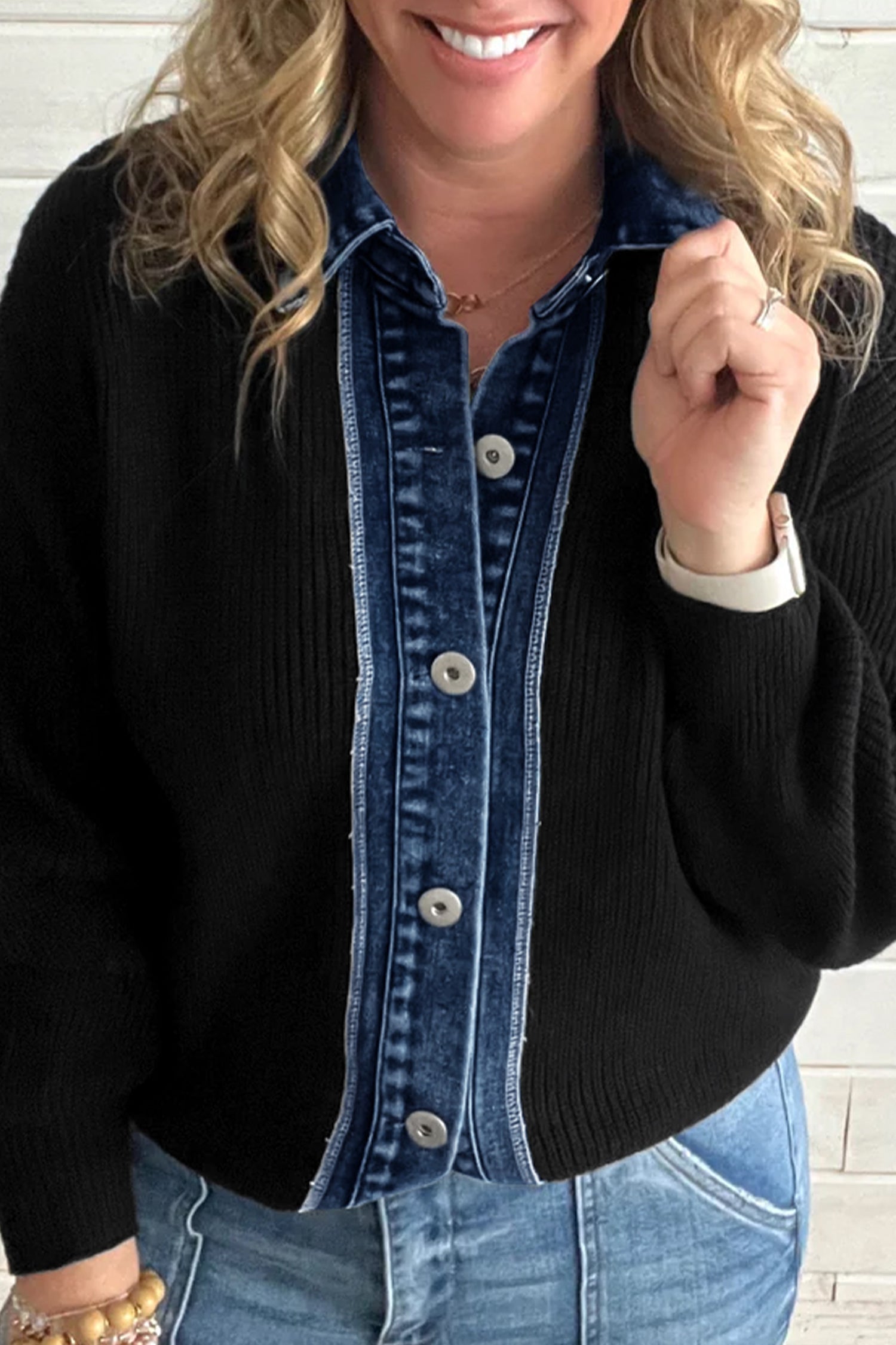 Drop Shoulder Placket Paneling Shirt Collar Long Sleeve Cardigan – Color Black