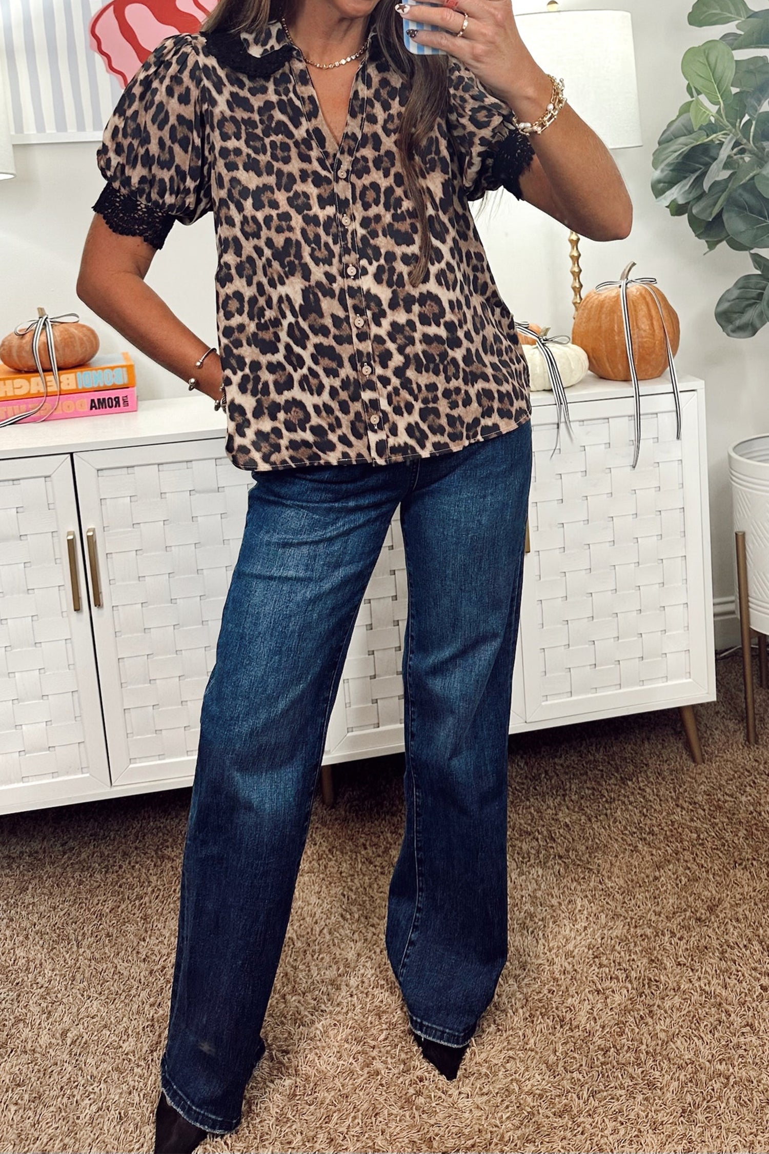 Brown Leopard Print Button Down Lace Trim Short Sleeve Shirt - eAura