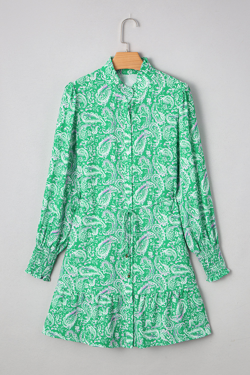 Green Paisley Print Long Sleeve Button Front Tied Waist Mini Dress Dear-Lover Dropshipping