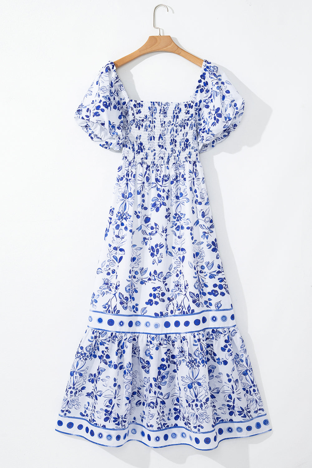 Sky Blue Floral Print Square Neck Bubble Sleeve High Waist Maxi Dress eAura