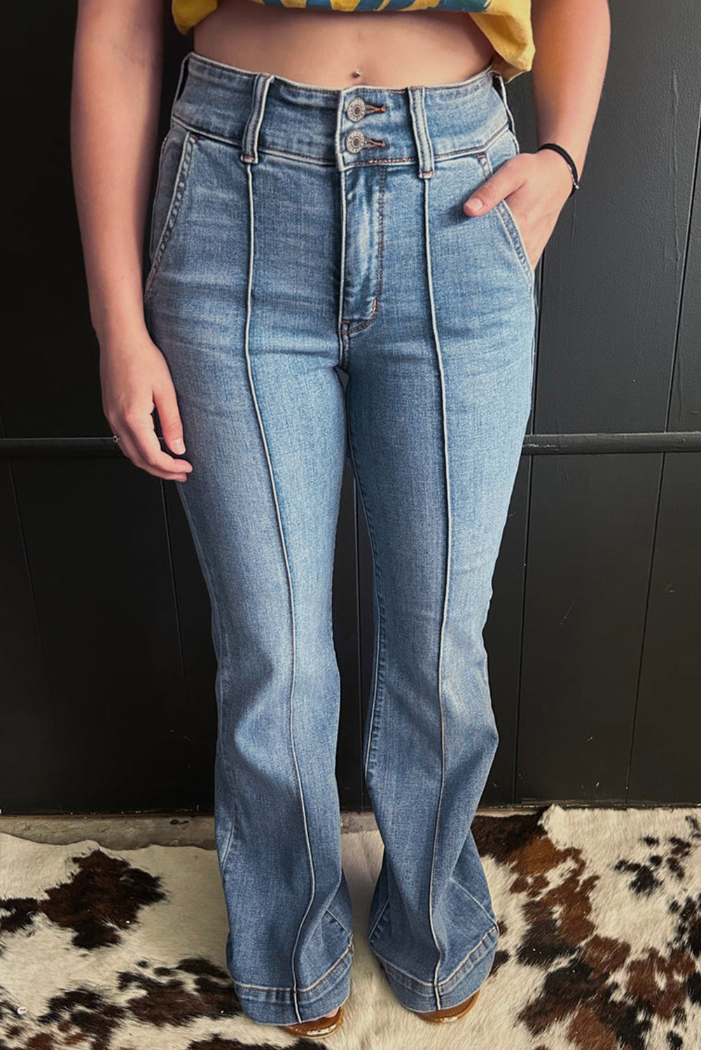 Double Button High Waist Piping Trim Bootcut Jeans - eAura