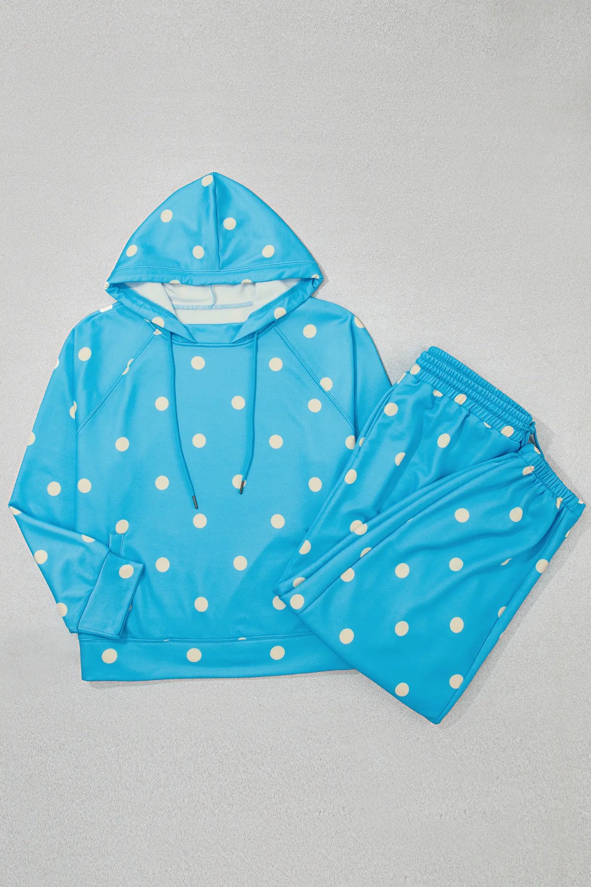 Polka Dot Hooded Drawstring Long Sleeve Plus Size Set – Blue