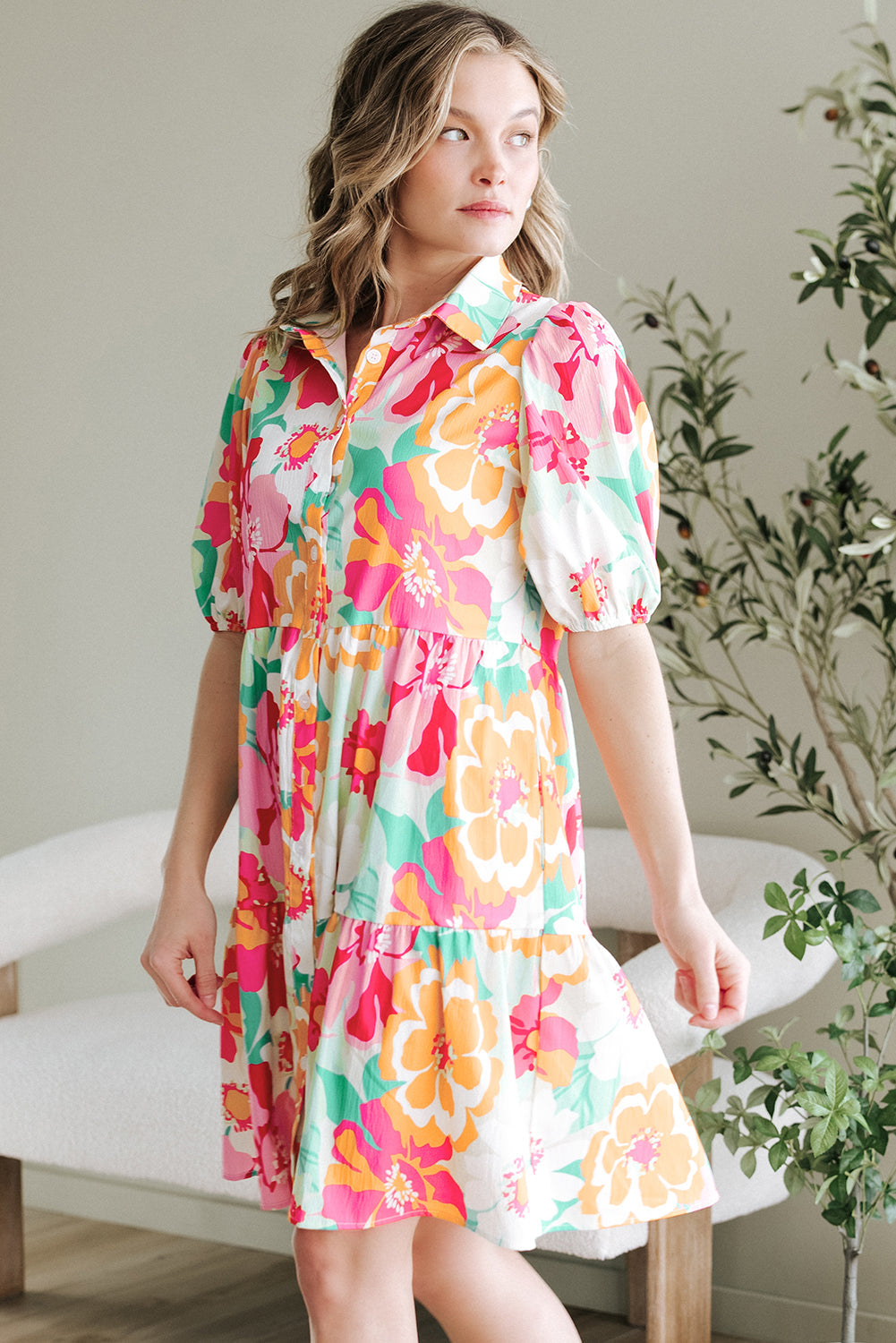 Green Floral Puff Sleeve Collar Buttoned Babydoll Dress eAura