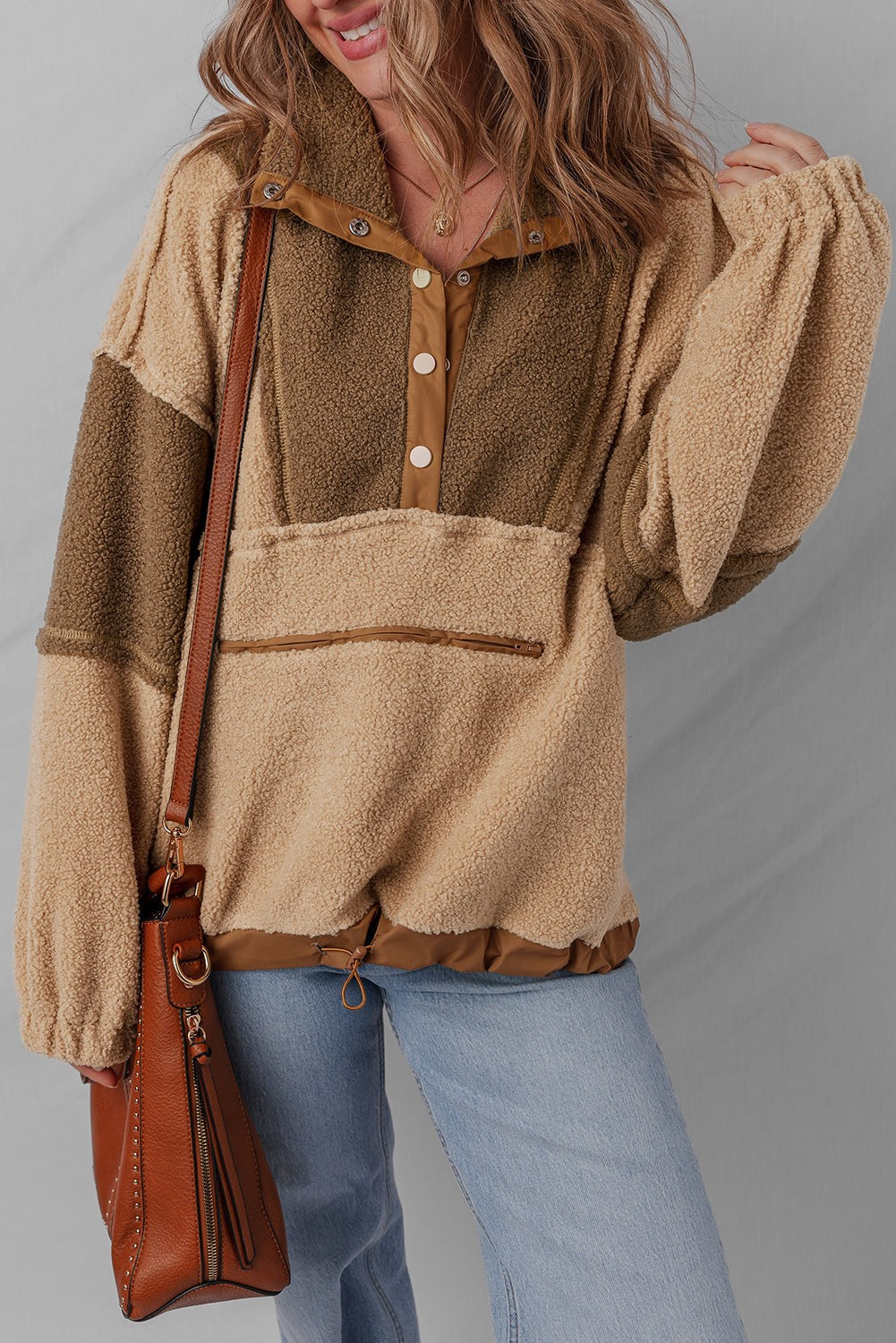 Colour Block Half Button Sherpa Sweatshirt - Tops/Sweatshirts & Hoodies