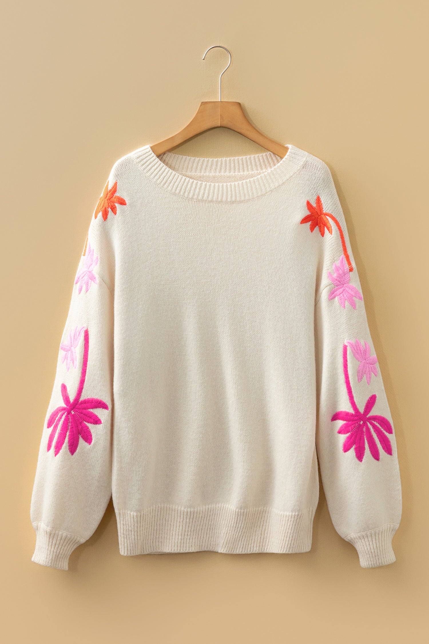Embroidered Floral Sleeve Round Neck Loose Sweater - eAura