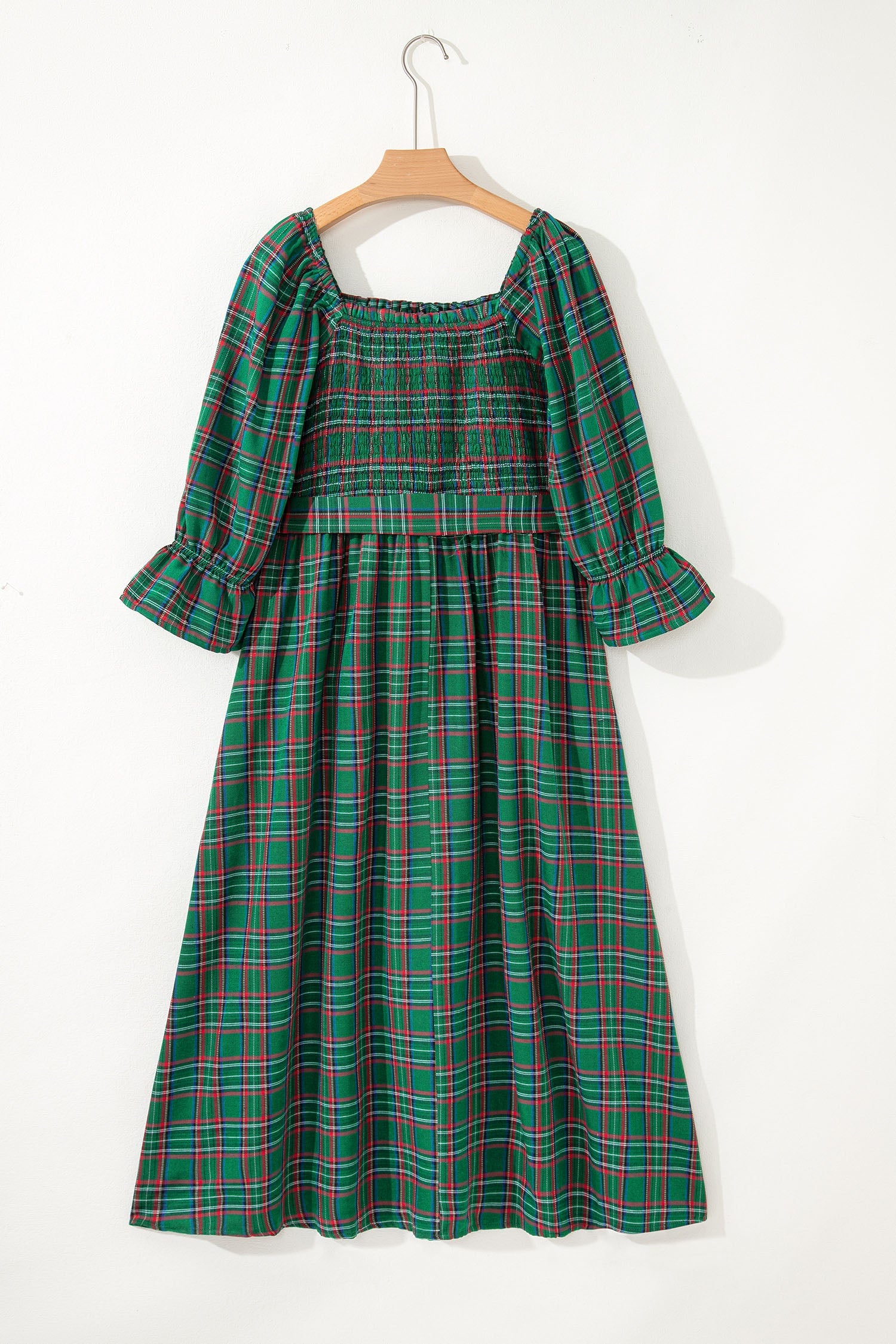 Tartan Plaid Square Neck Puff Sleeve Knot Waist Flared Midi Dress - eAura