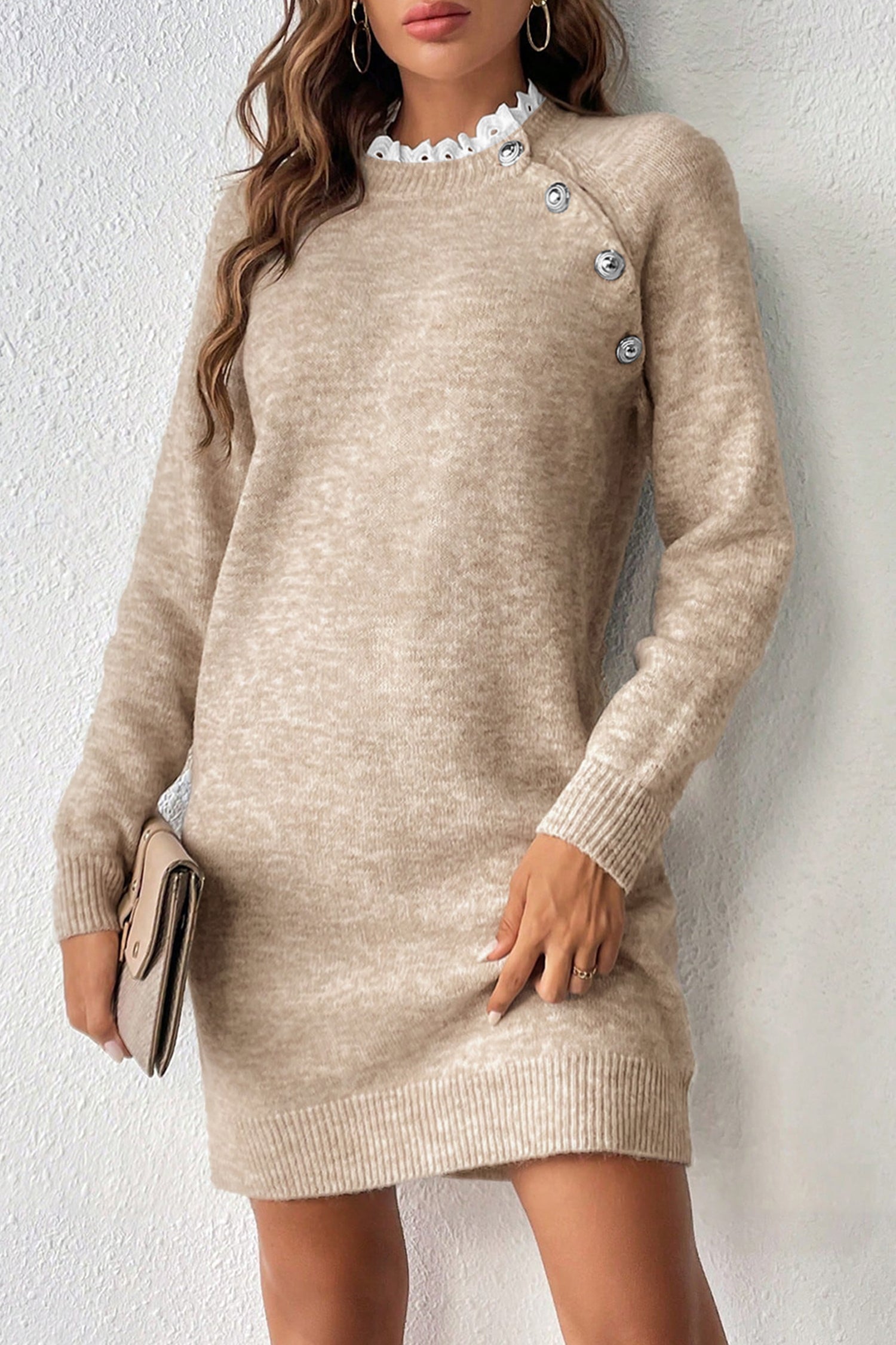 Button Lace Detail Raglan Sleeve Shift Mini Sweater Dress - eAura