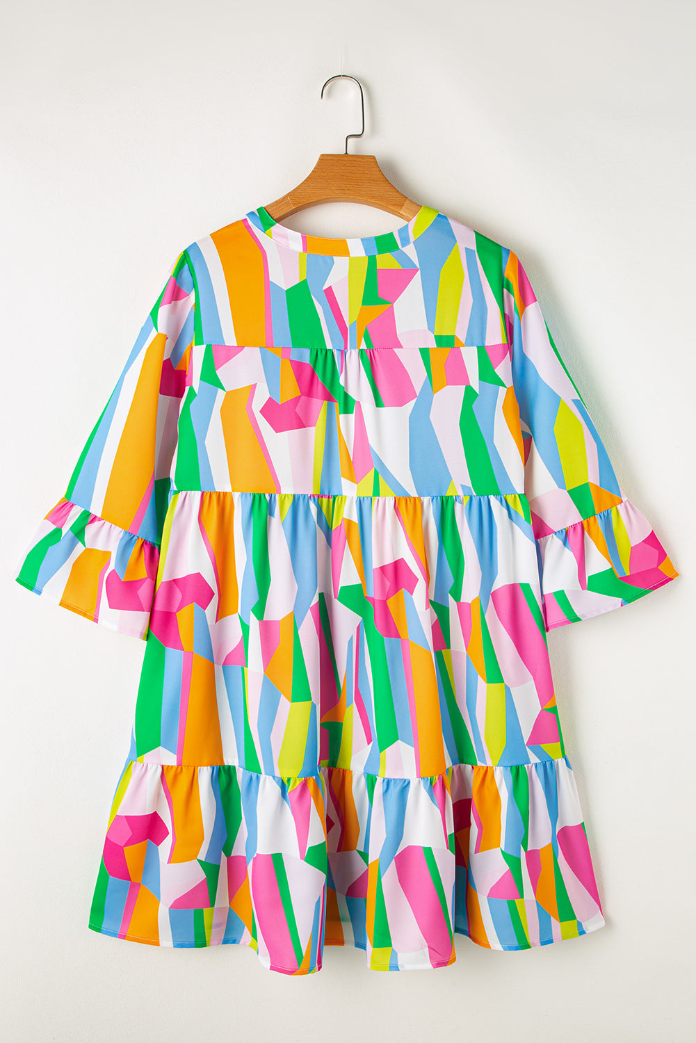 Orange Abstract Print Ruffled Sleeve V Neck Dress eAura
