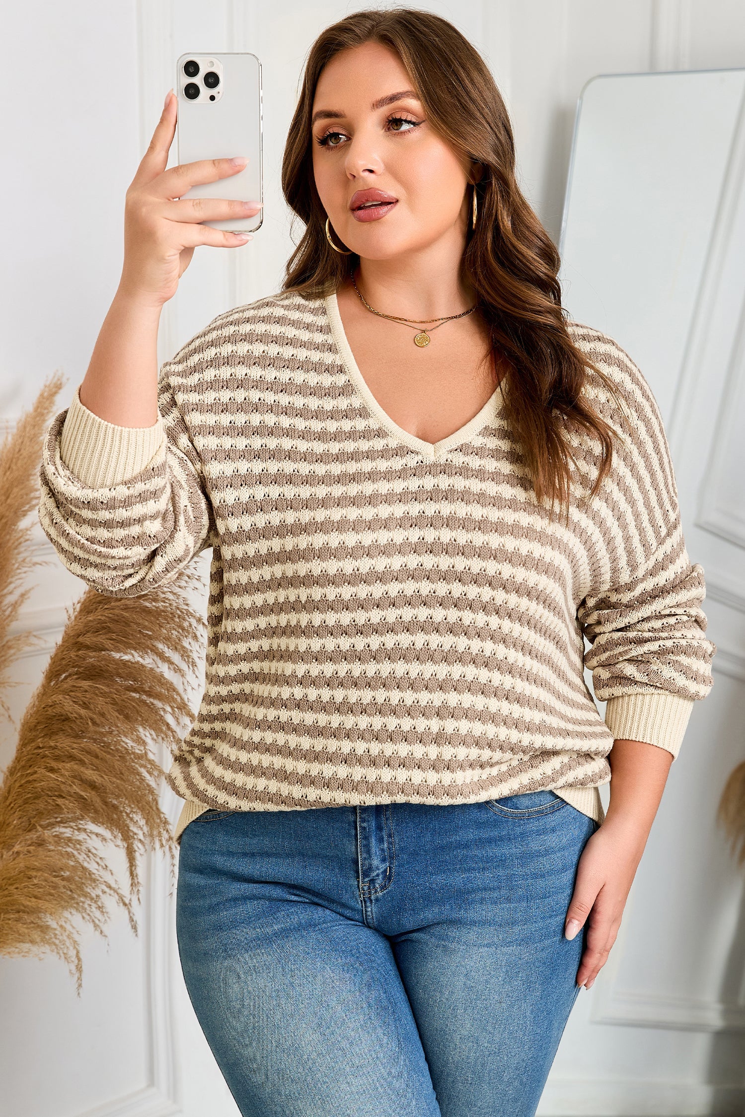 Stripe Plus Size V-Neck Drop Shoulder Sweater - eAura