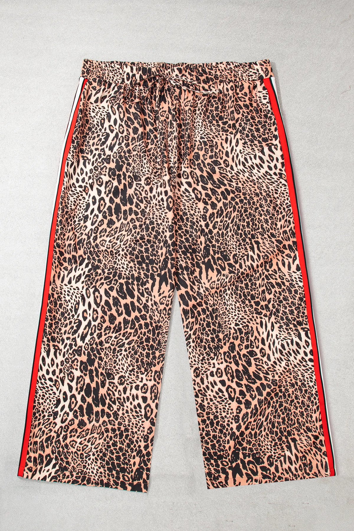 Leopard Print Colourblock Side Stripes Wide Leg Full Length Plus Size Pants – Khaki