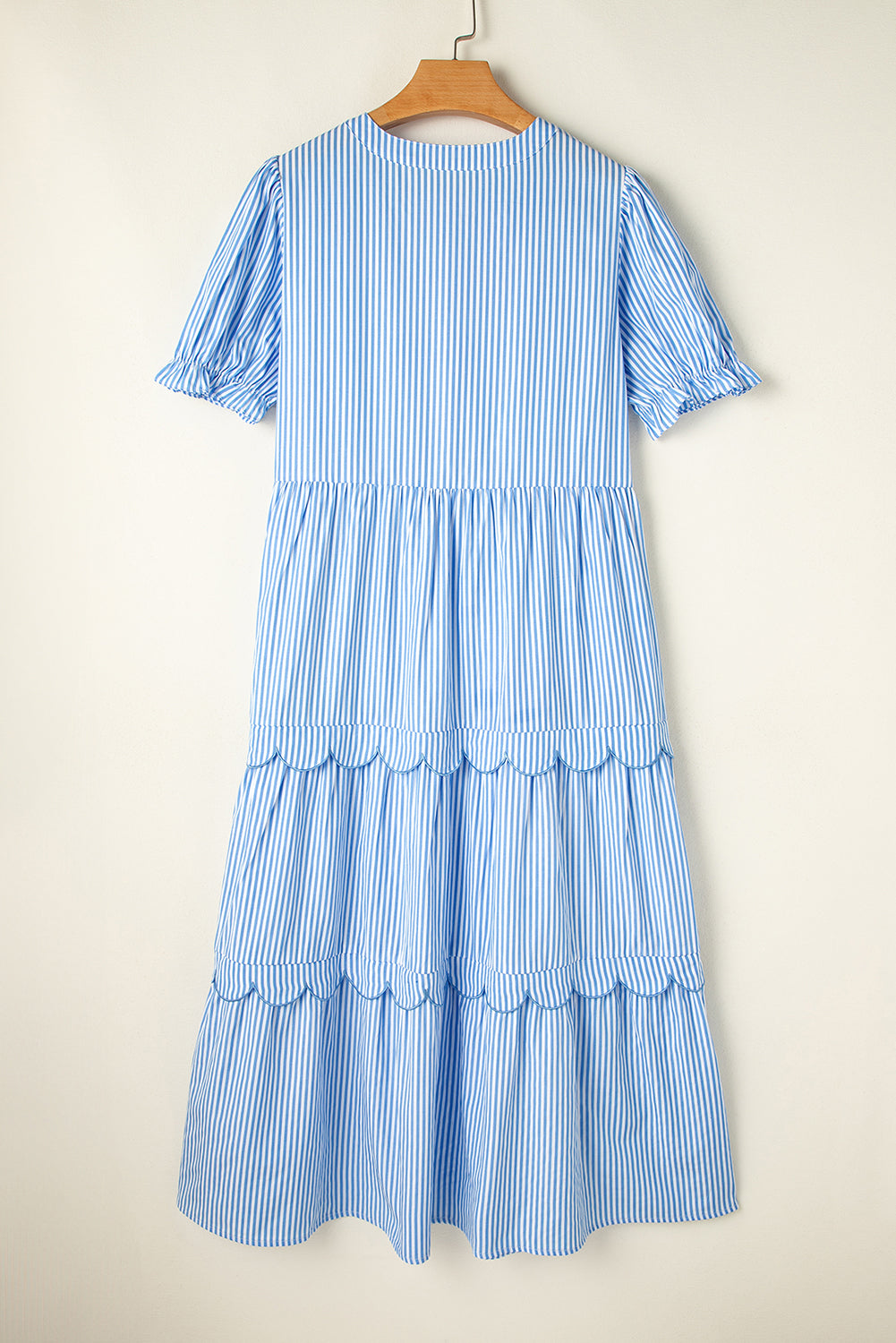 Sky Blue Stripe Bubble Short Sleeve Tiered Scallop Long Dress eAura