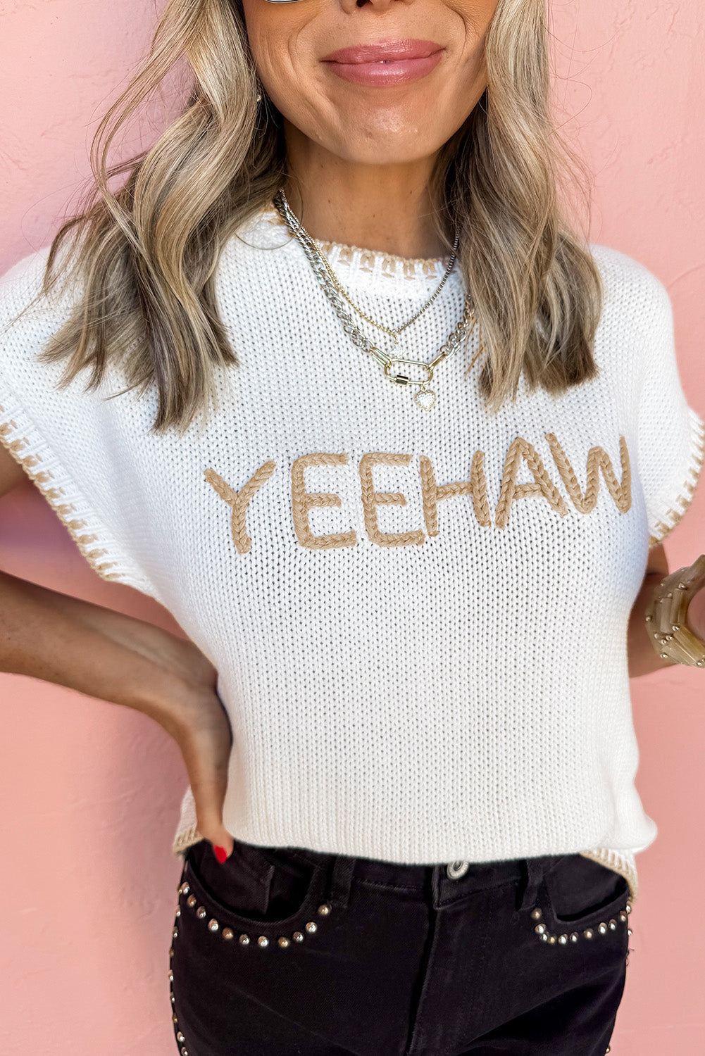 White Knit YEEHAW Stitch Edge Crew Neck Sweater T Shirt eAura