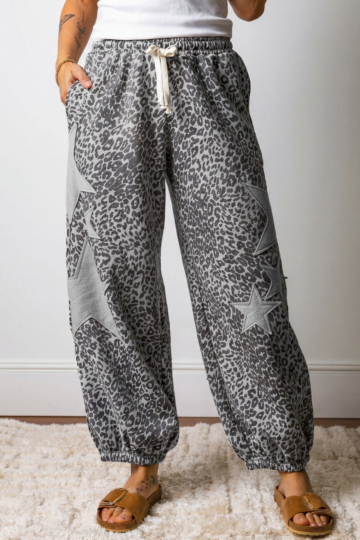 Leopard Print Star Patched Drawstring Elastic Waist Jogger Pants – Khaki