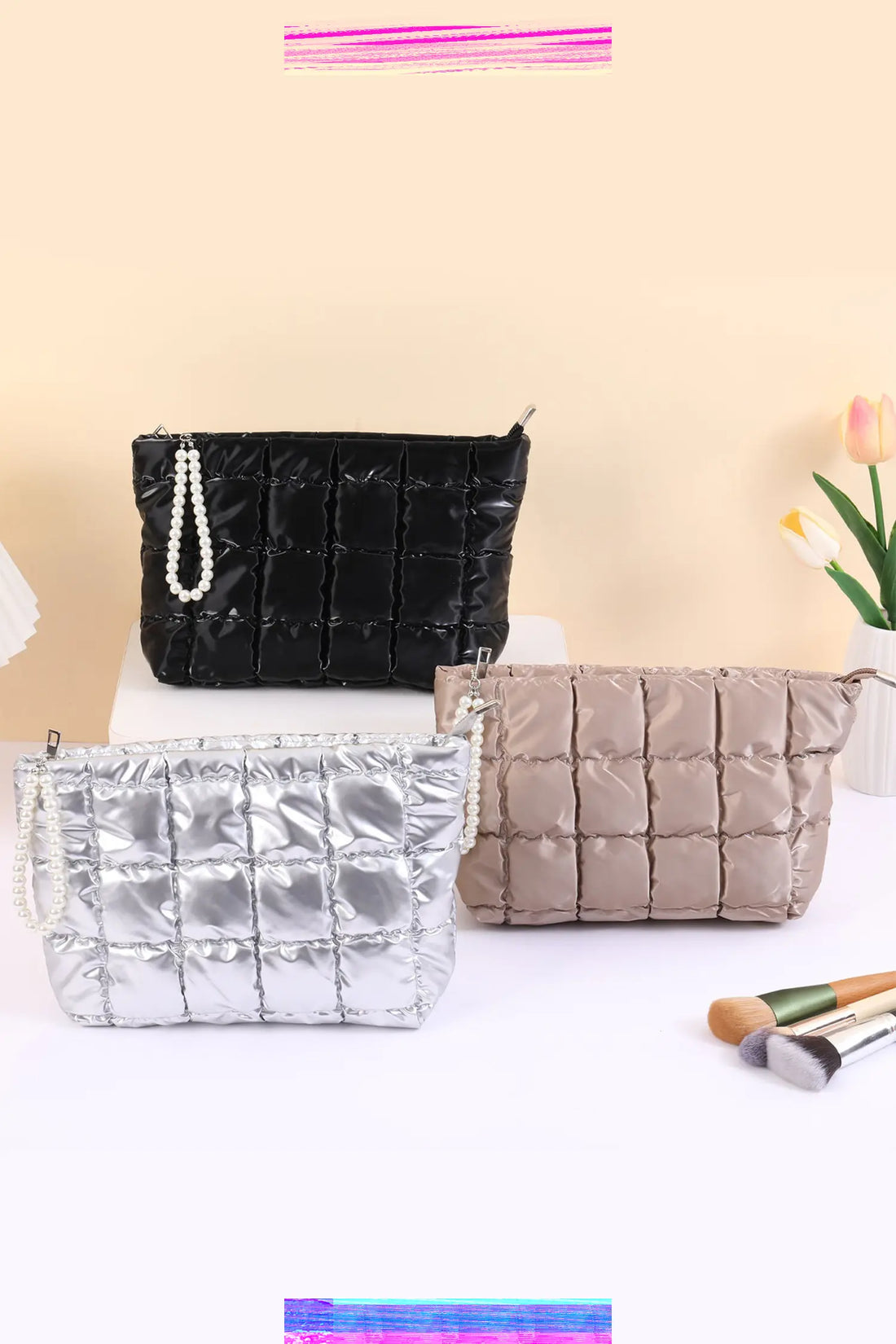 Quilted PU Leather Pearl Chain Zip Makeup Bag