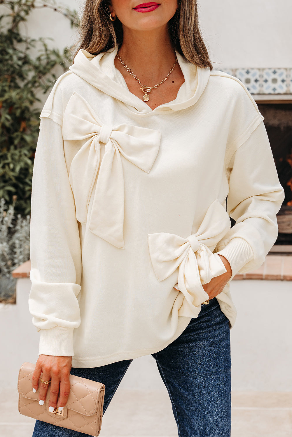 White Cute Bow Detail Baggy Hoodie eAura