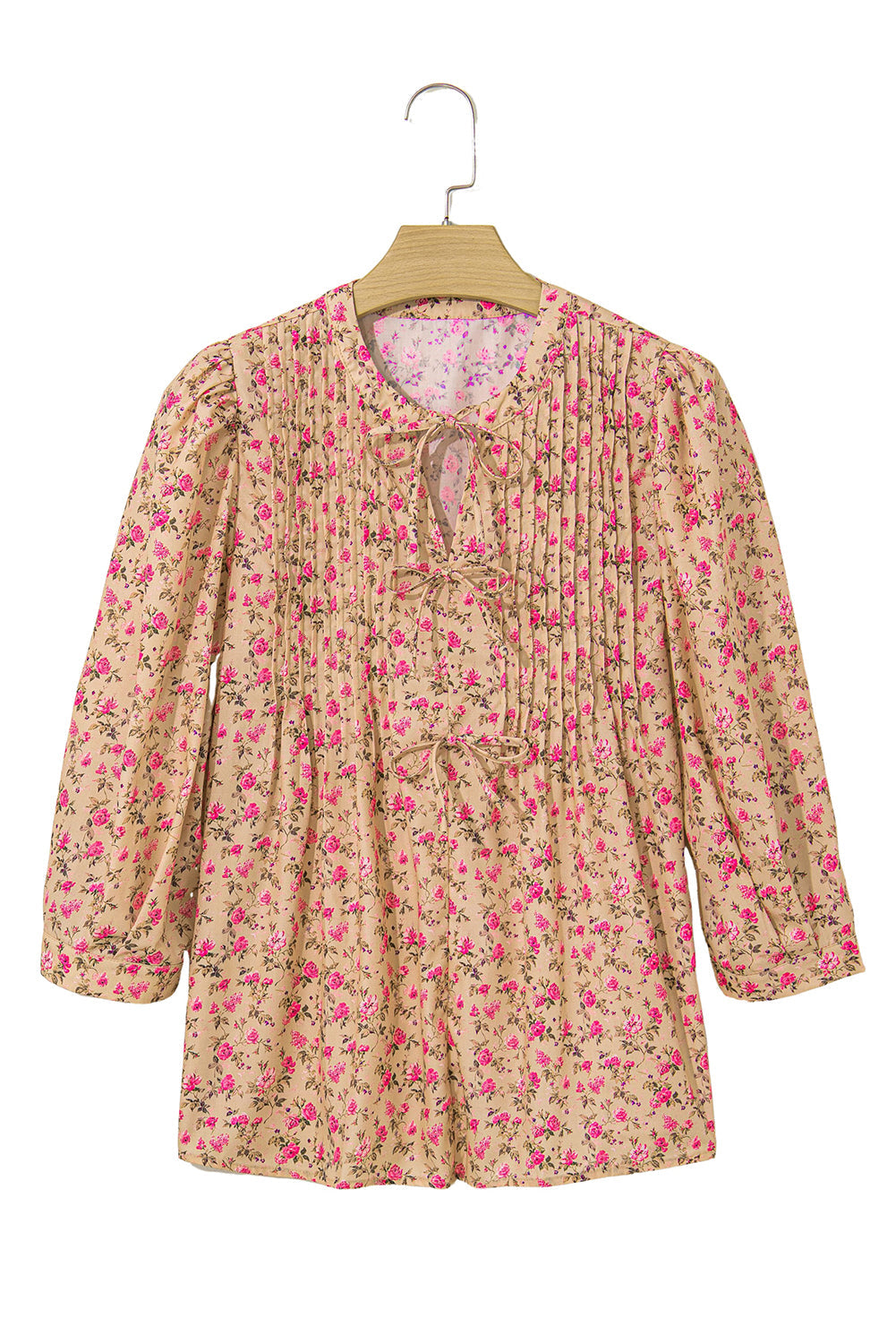 Floral Print Bow Pintuck Bust Half Puff Sleeve Blouse eAura