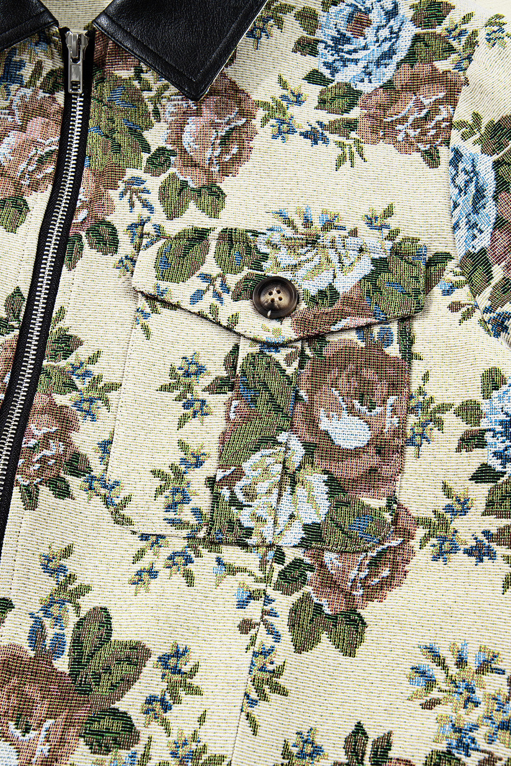 Khaki Floral Print Zip Up Contrast Collared Jacket - eAura