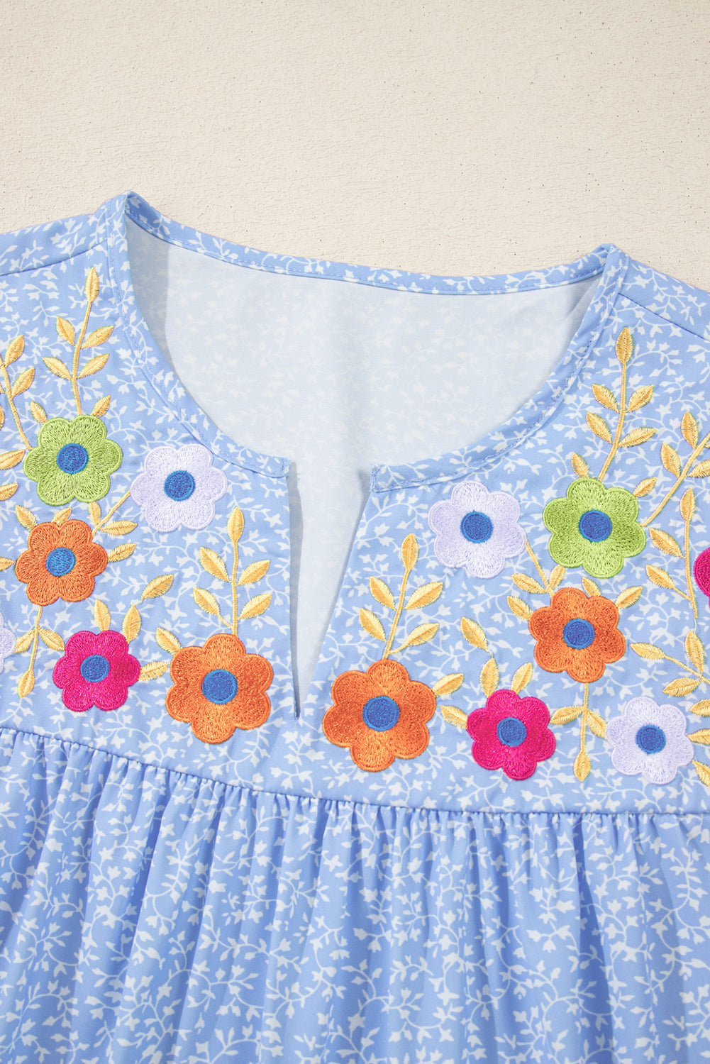 Sky Blue Floral Embroidered Puff Sleeve Notched V Neck Blouse eAura