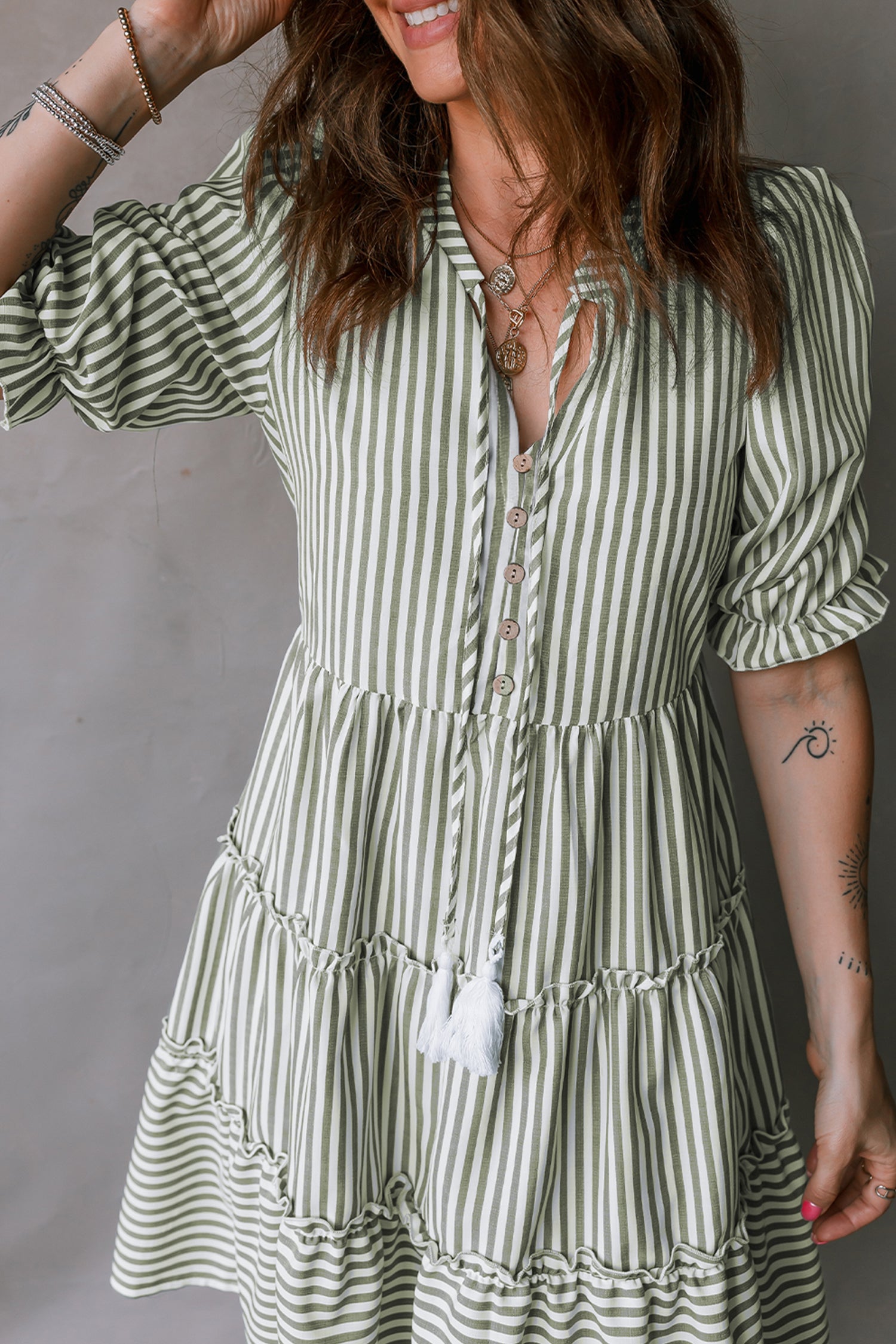 Stripe Tasseled Tie Neck Ruffled Short Sleeve Tiered Dress